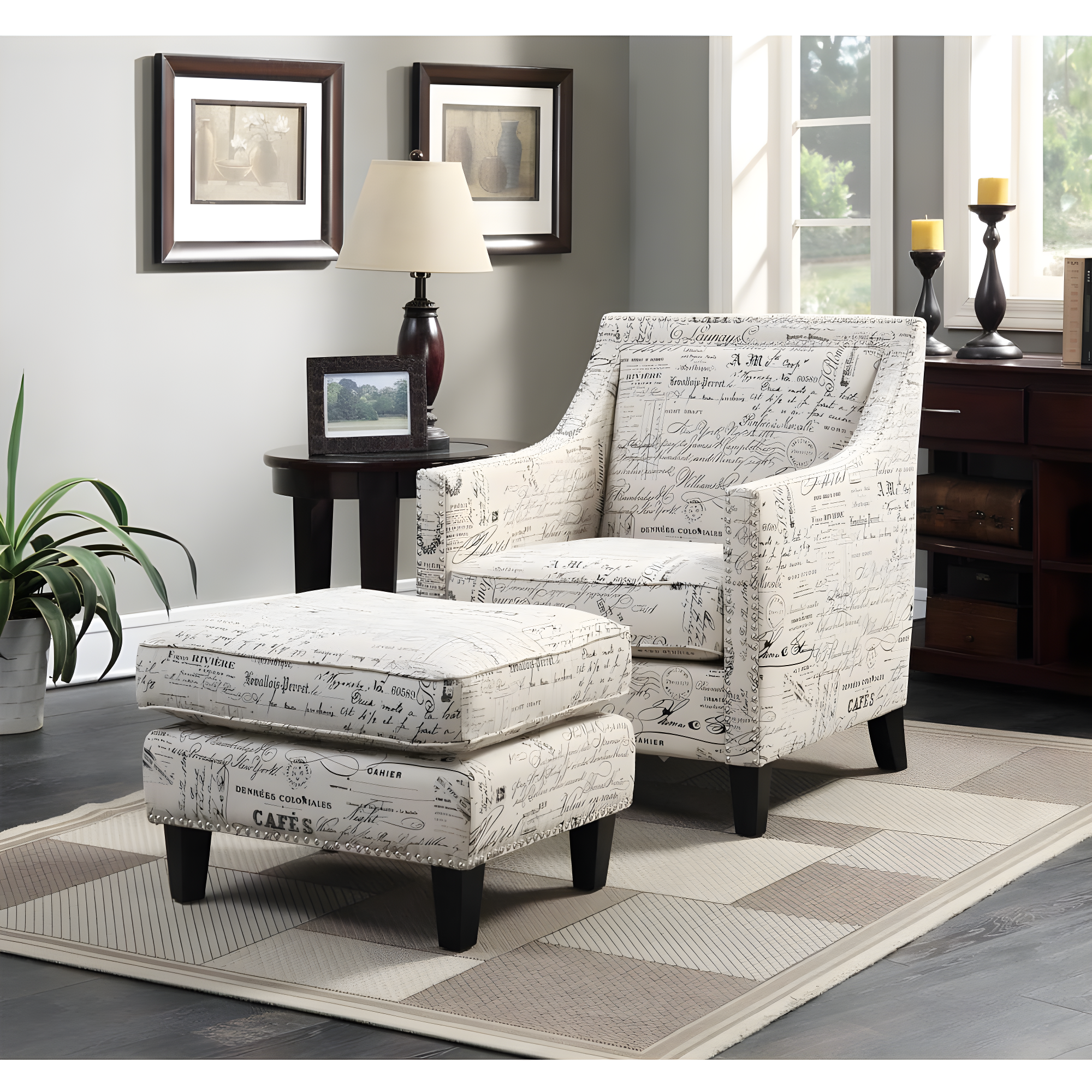 Emery Ottoman French Script - Picket House Furnishings: Contemporary Nailhead Trim, Polyester Upholstery, Plywood Frame
