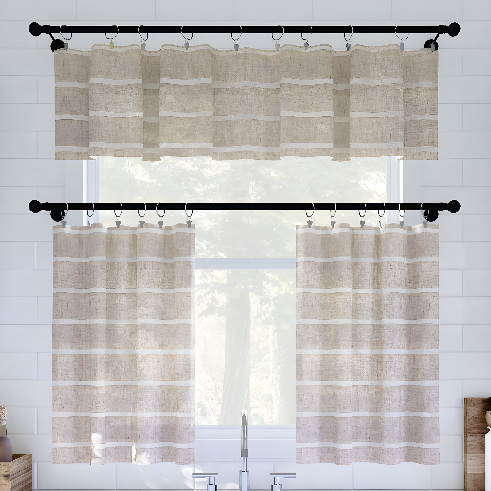 Clean Window Aso Twill Stripe Linen Blend Sheer Rod Pocket Kitchen Curtain Valance