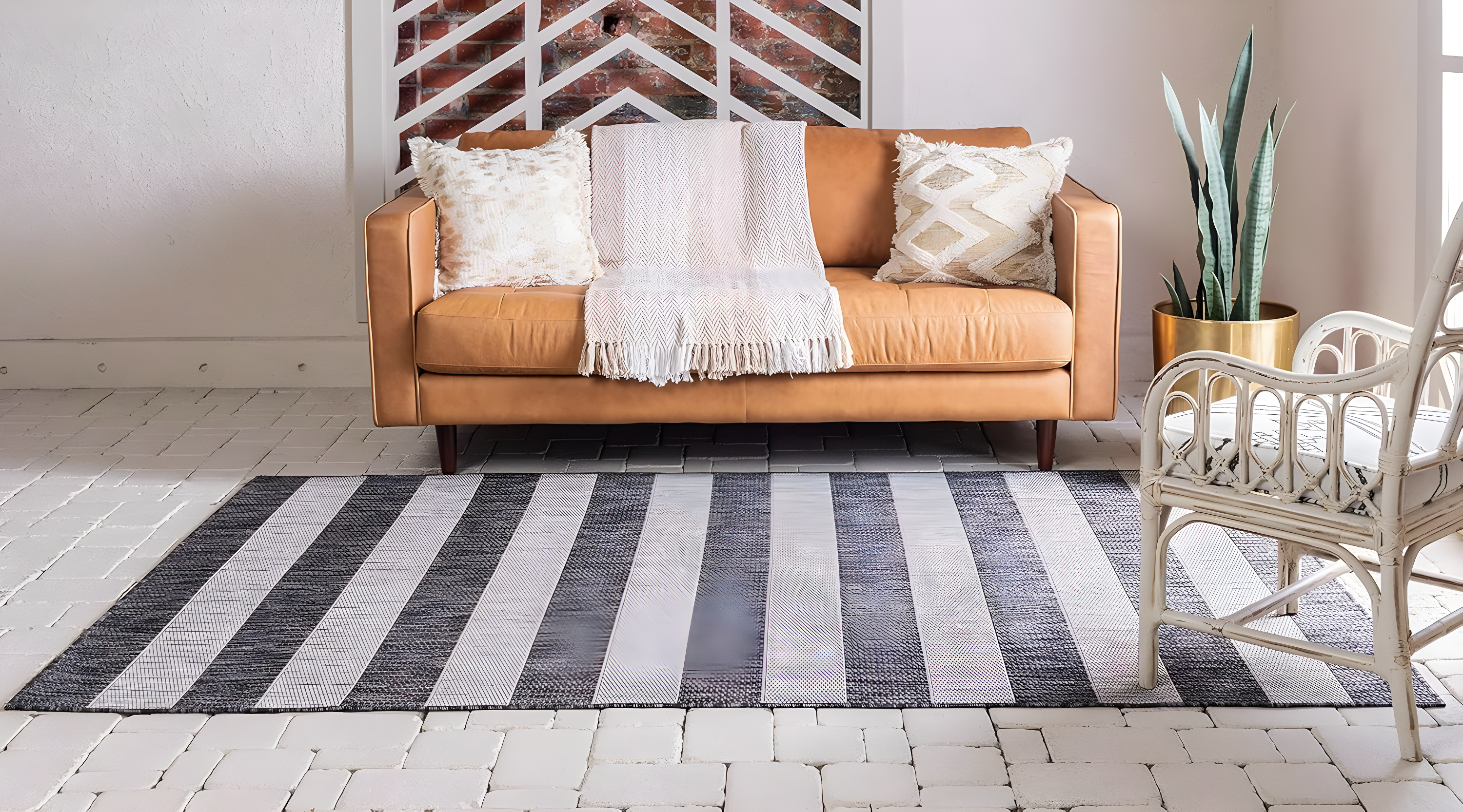 Charcoal Gray and Black Striped Synthetic Outdoor Rug 7' x 10'
