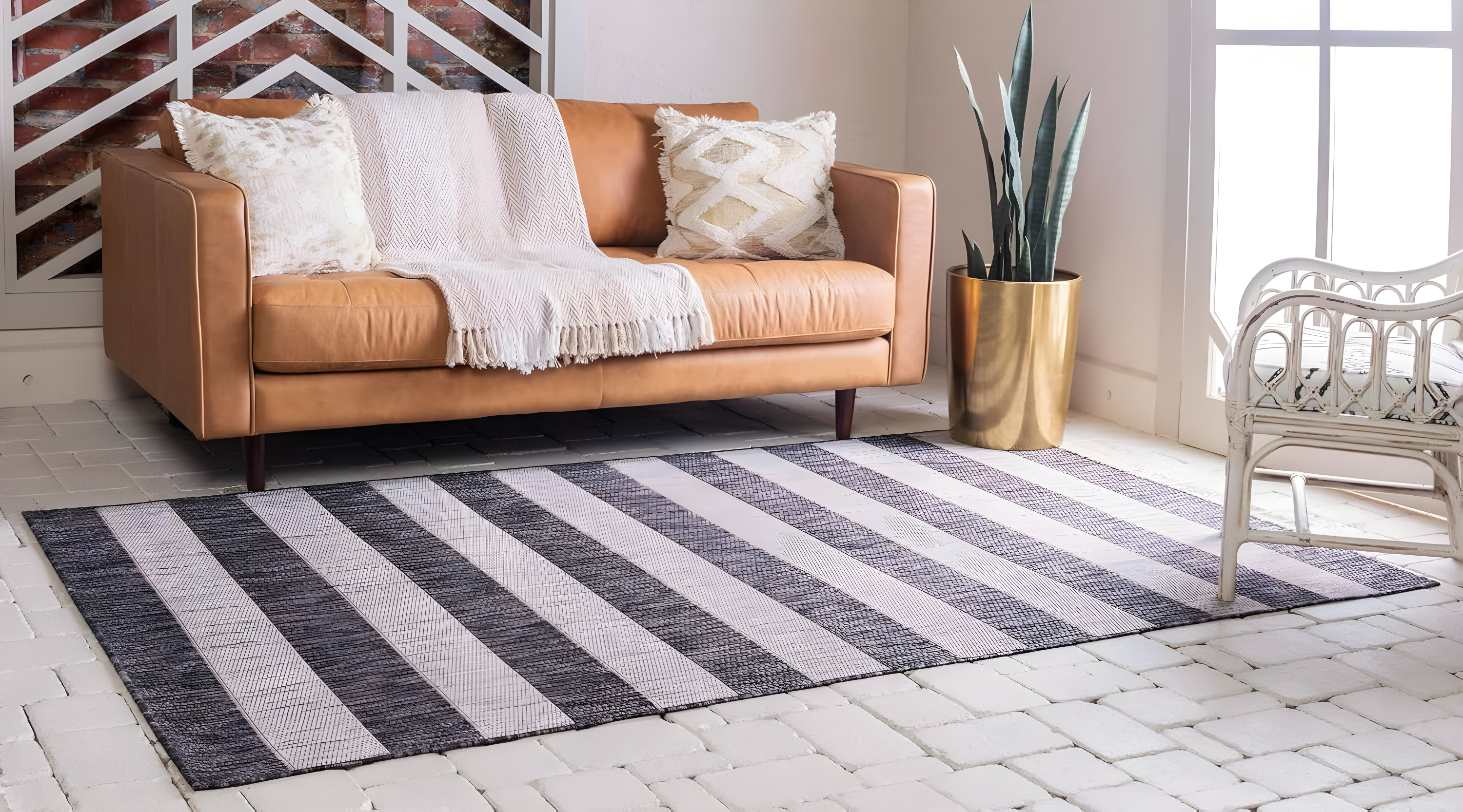 Charcoal Gray and Black Striped Synthetic Outdoor Rug 7' x 10'