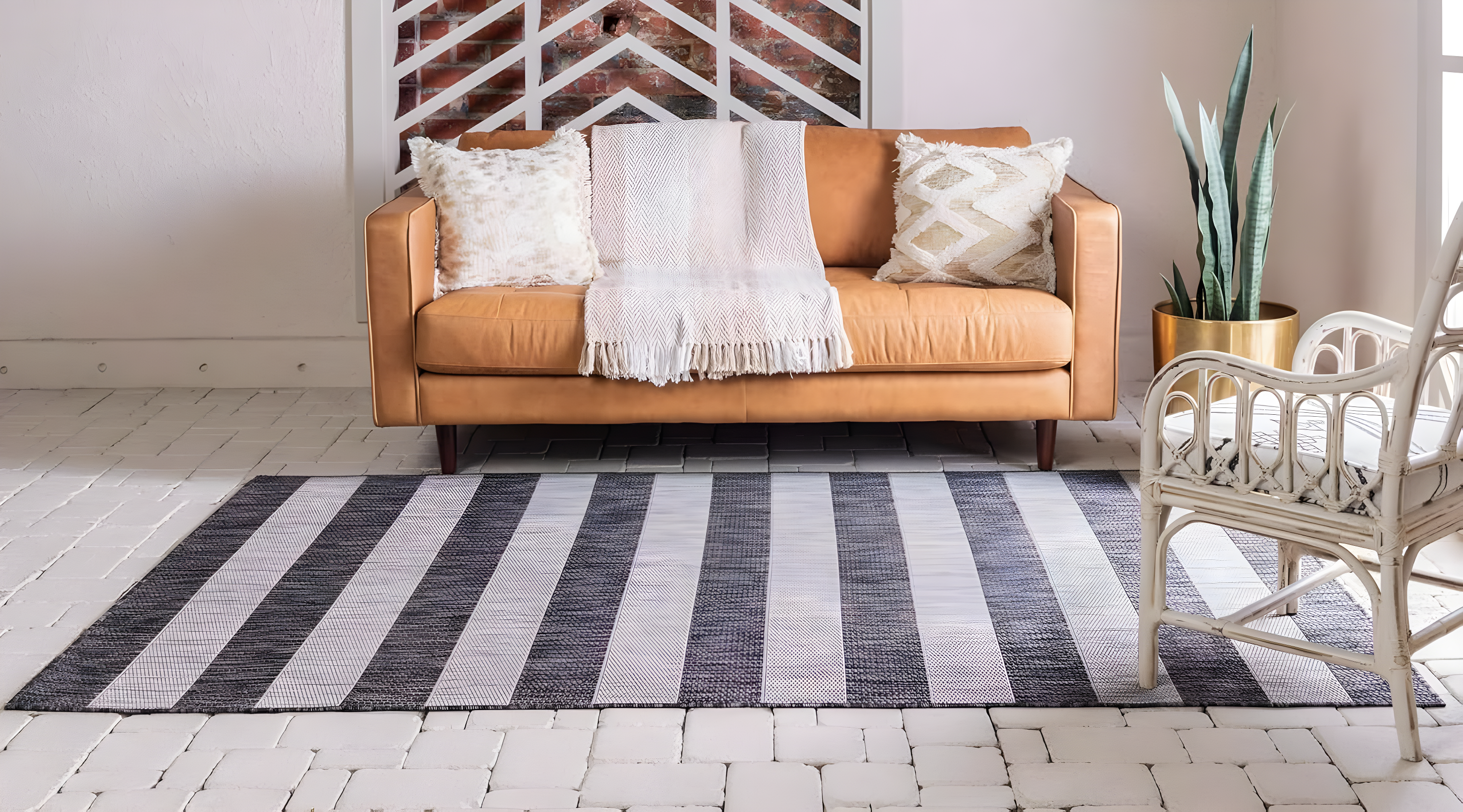 Charcoal Gray and Black Striped Synthetic Outdoor Rug 7' x 10'