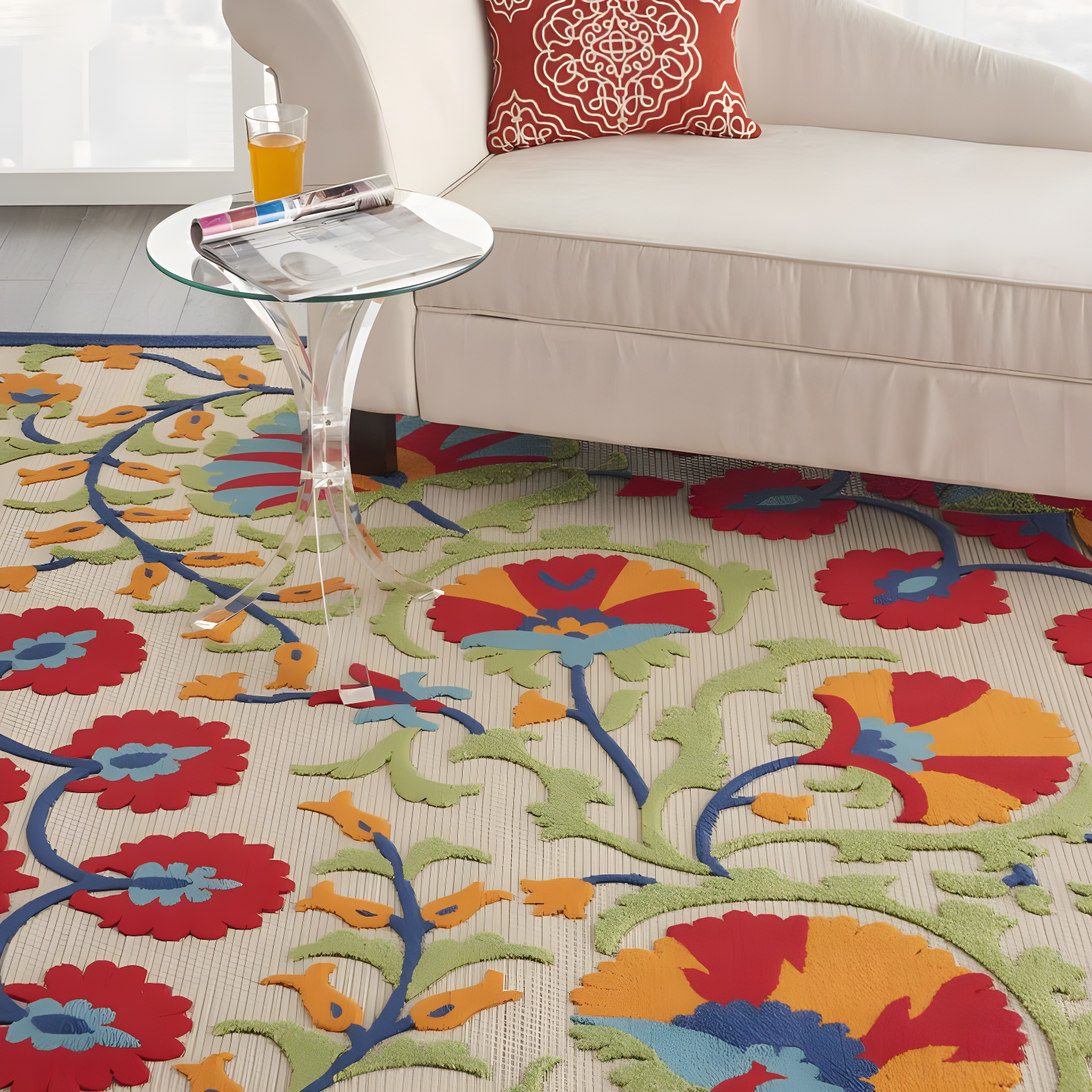 Nourison Aloha Floral Easy Care Flatweave High-Low Indoor Outdoor Area Rug Red/Multi 7' x 10'