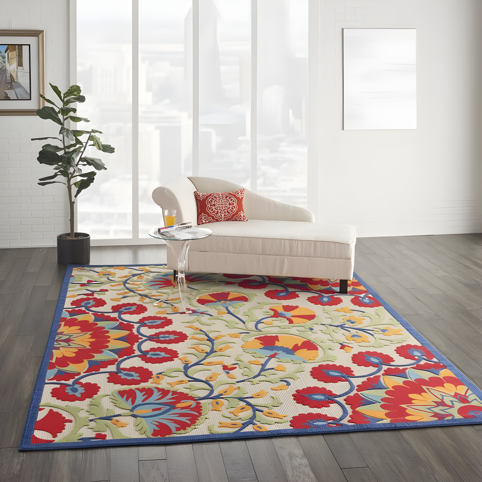 Nourison Aloha Floral Easy Care Flatweave High-Low Indoor Outdoor Area Rug Red/Multi 7' x 10'