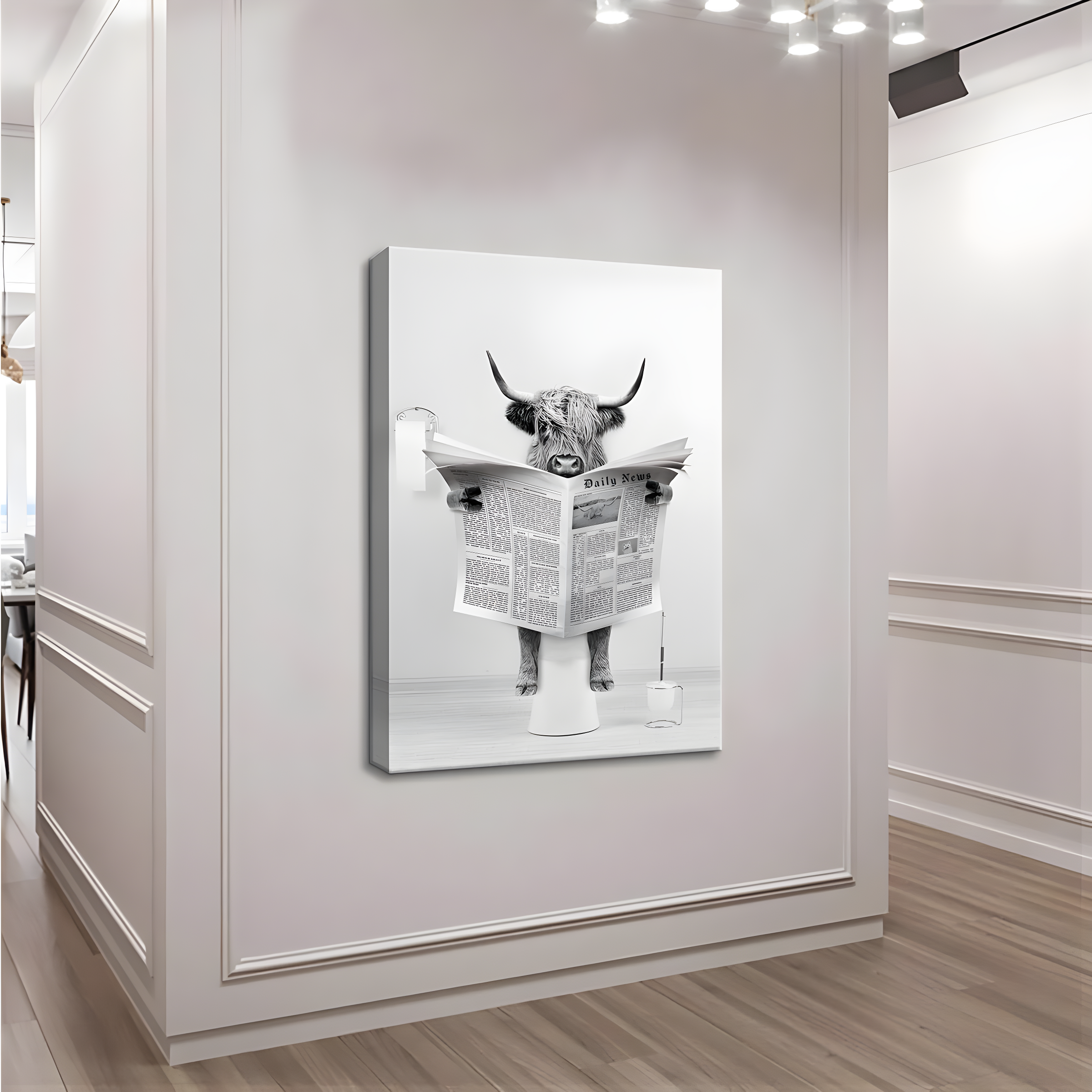 Modern Black Framed Highland Cow Wall Art Minimalist Bathroom Wall Decor Cute Funny Animals Artwork Canvas Prints Ready to Hang for Guest Bathroom, Hotel, Condo, Kids Bathroom, 12”x16”