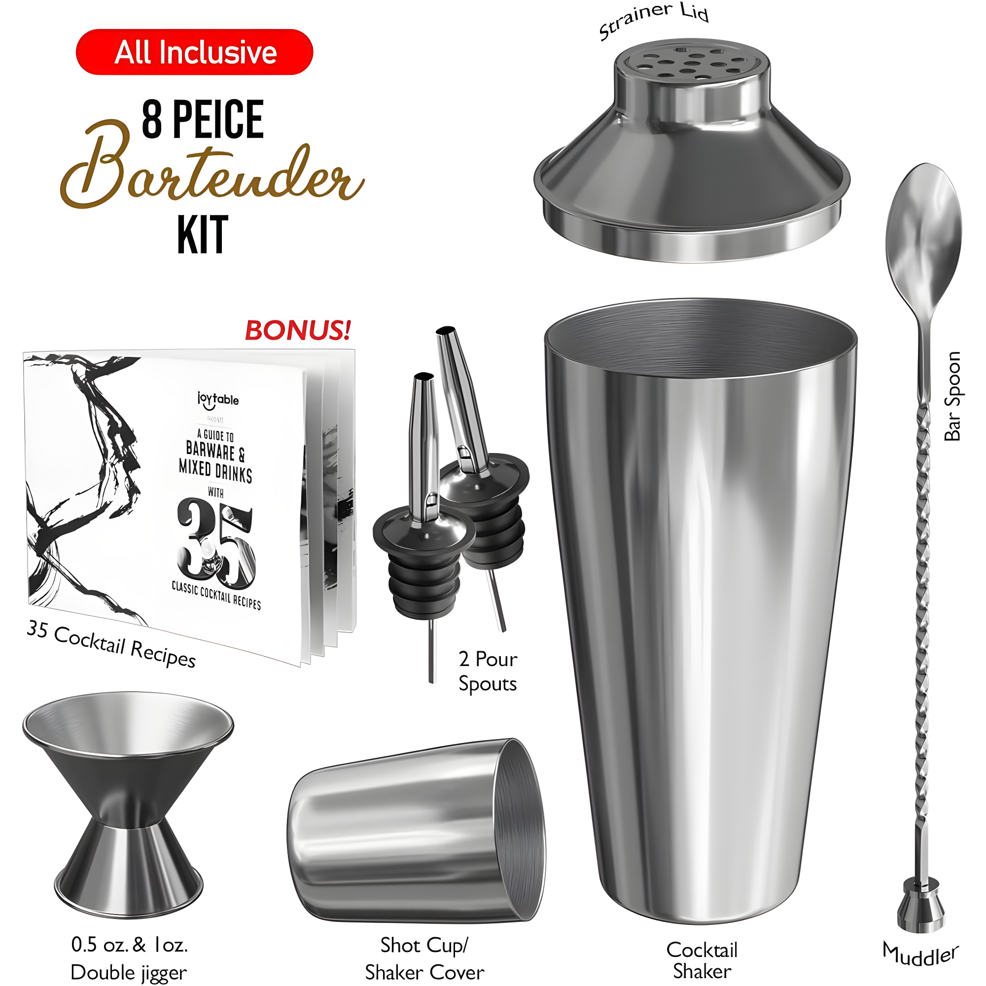 Joytable Joytable 8 Piece Stainless Steel Cocktail Shaker Bar Tool Set
