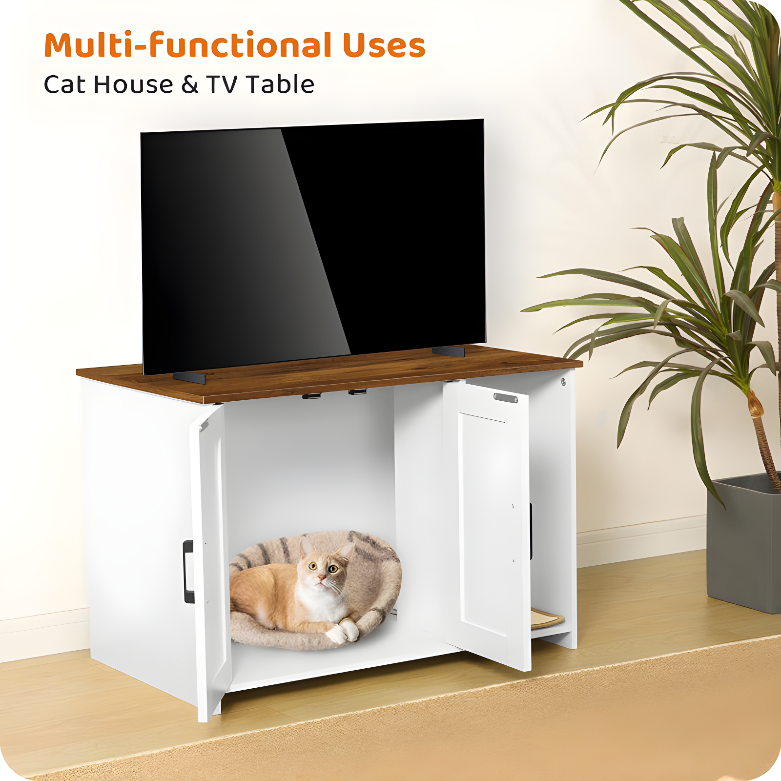 Litter Box Enclosure, Cat Litter Box Furniture Hidden, With Scratching Mat, Wooden Cat Washroom Indoor, Fit Most Of Litter Box, 31.5" L X 19.7" W X 21.7" H, White + Warm Brown