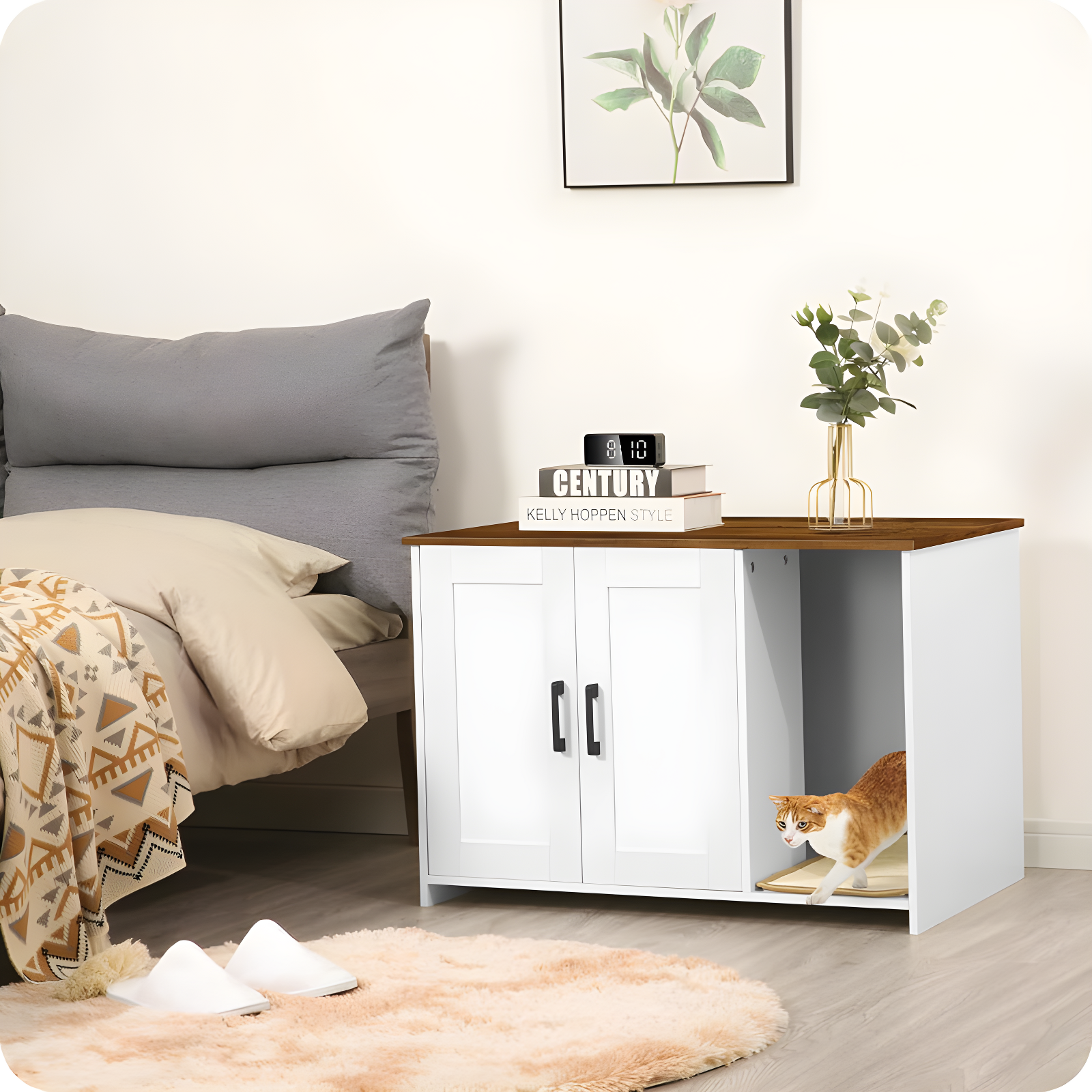 Litter Box Enclosure, Cat Litter Box Furniture Hidden, With Scratching Mat, Wooden Cat Washroom Indoor, Fit Most Of Litter Box, 31.5" L X 19.7" W X 21.7" H, White + Warm Brown