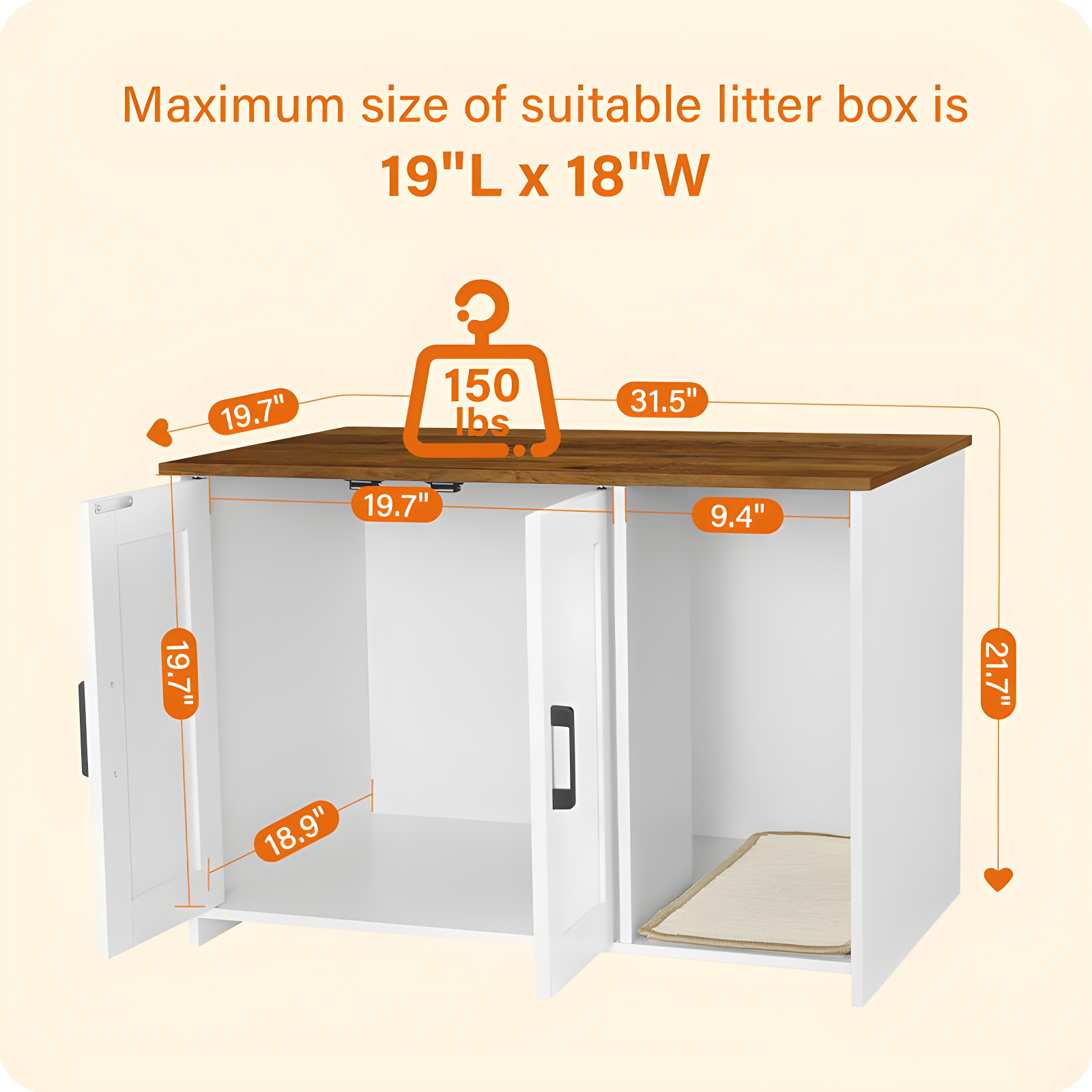 Litter Box Enclosure, Cat Litter Box Furniture Hidden, With Scratching Mat, Wooden Cat Washroom Indoor, Fit Most Of Litter Box, 31.5" L X 19.7" W X 21.7" H, White + Warm Brown