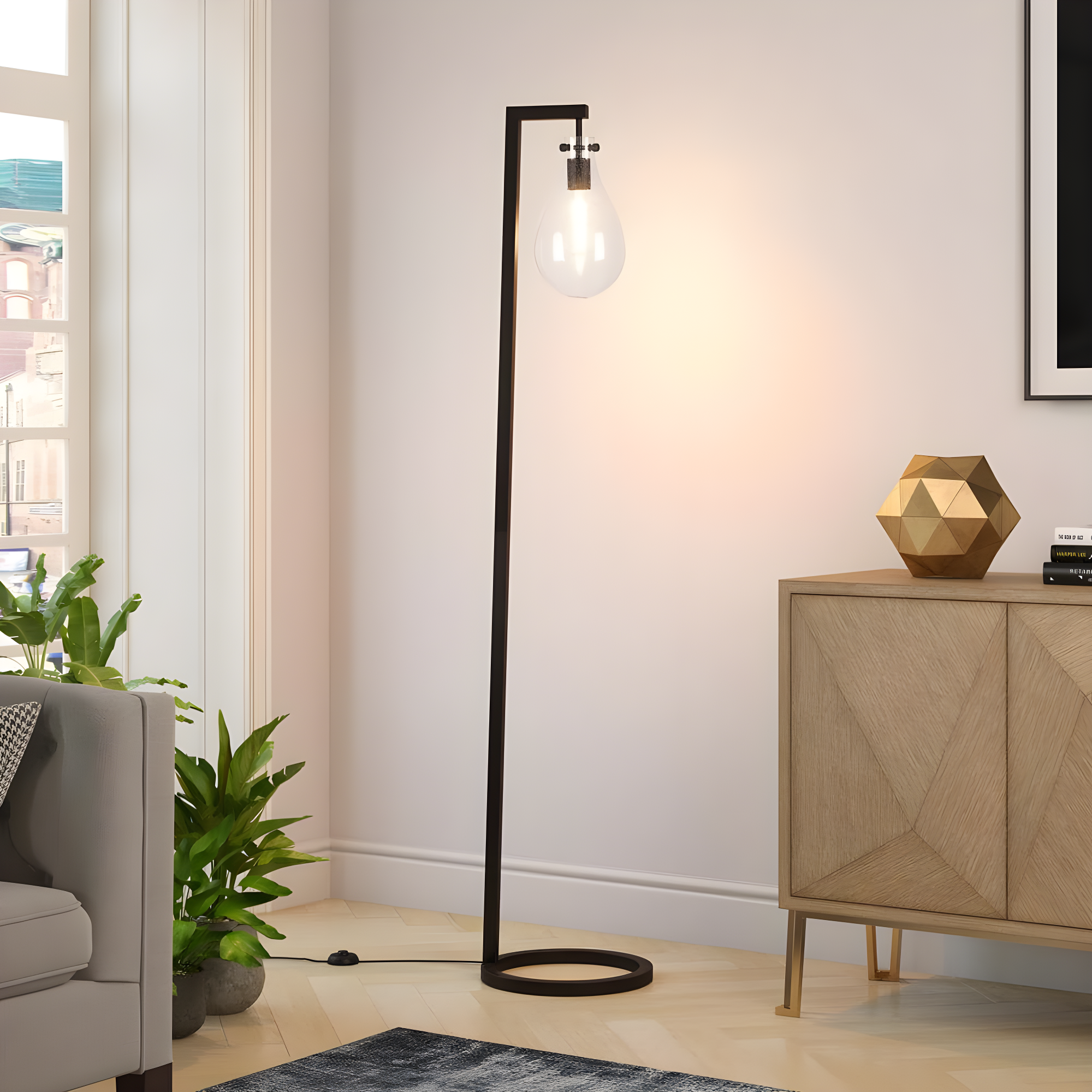 Evelyn&Zoe Weston 66" Tall Floor Lamp with Glass Shade, Blackened Bronze/Seeded