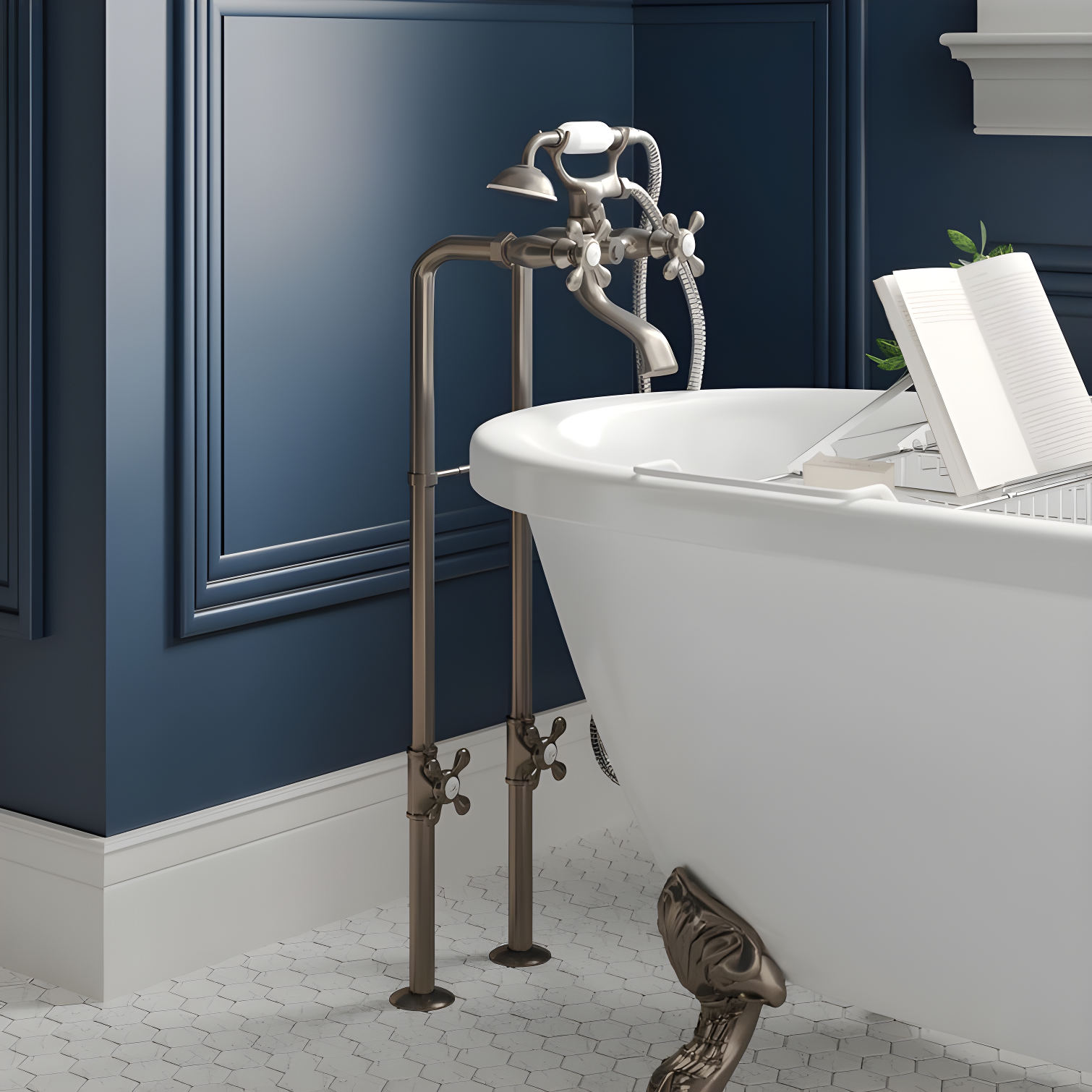 Kingston Brass Kingston Three-Handle 2-Hole Freestanding Tub Faucet with Supply Line and Stop Valve
