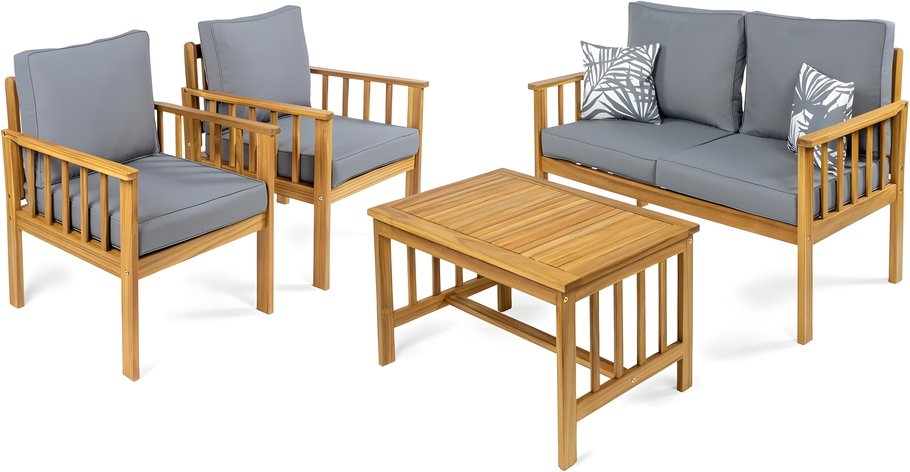 Everly 4-Piece Modern Cottage Acacia Wood Outdoor Patio Set with Cushions and Tropical Decorative Pillows, Gray/Teak Brown - JONATHAN Y