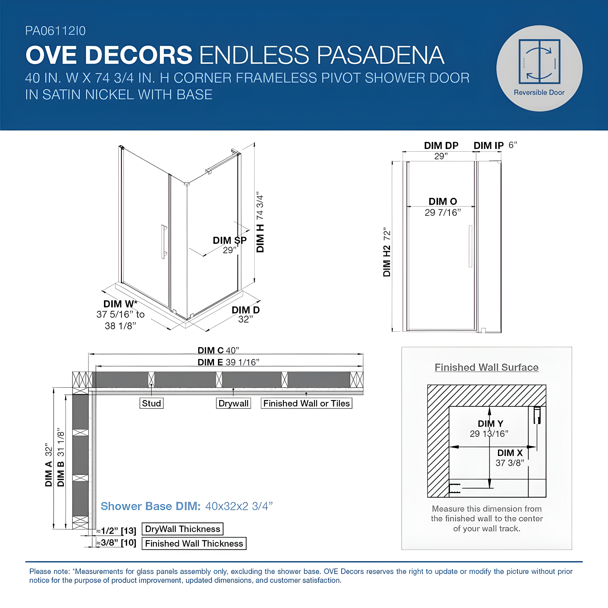 Endless Pasadena 40" W x 72" H Corner Frameless Shower Kit, Door, Base