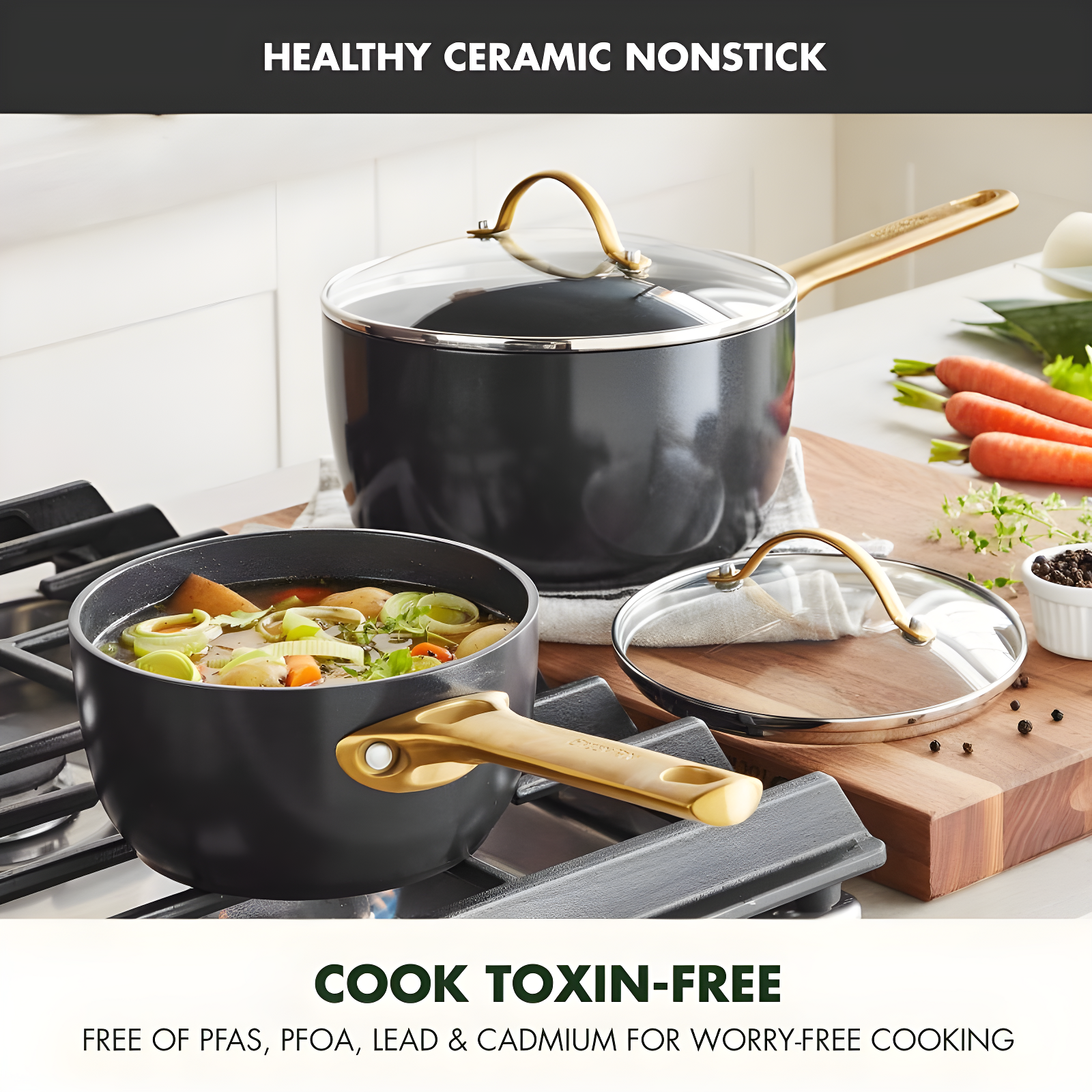 GreenPan GreenPan Reserve Black Healthy Ceramic Nonstick Saucepan Set with Lids, 1.5qt and 3qt