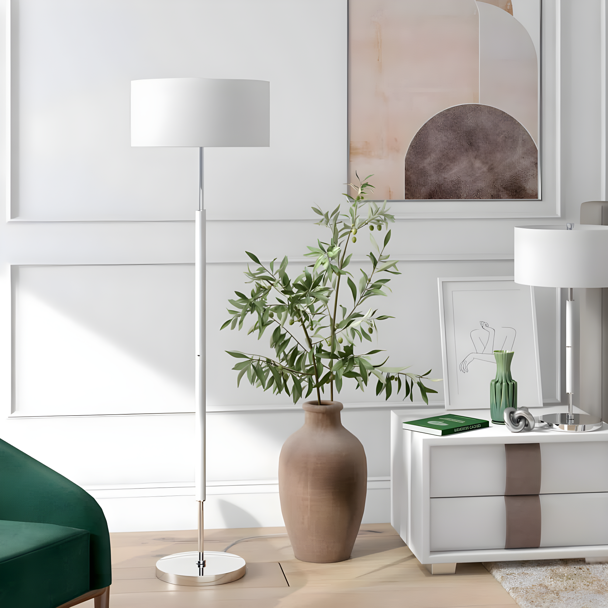 Henn&Hart 17" Matte White/Polished Nickel Metal/Fabric Floor Lamp