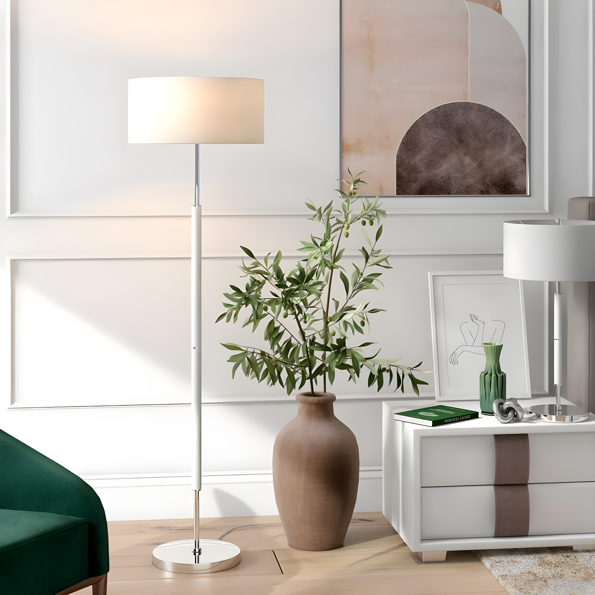 Henn&Hart 17" Matte White/Polished Nickel Metal/Fabric Floor Lamp