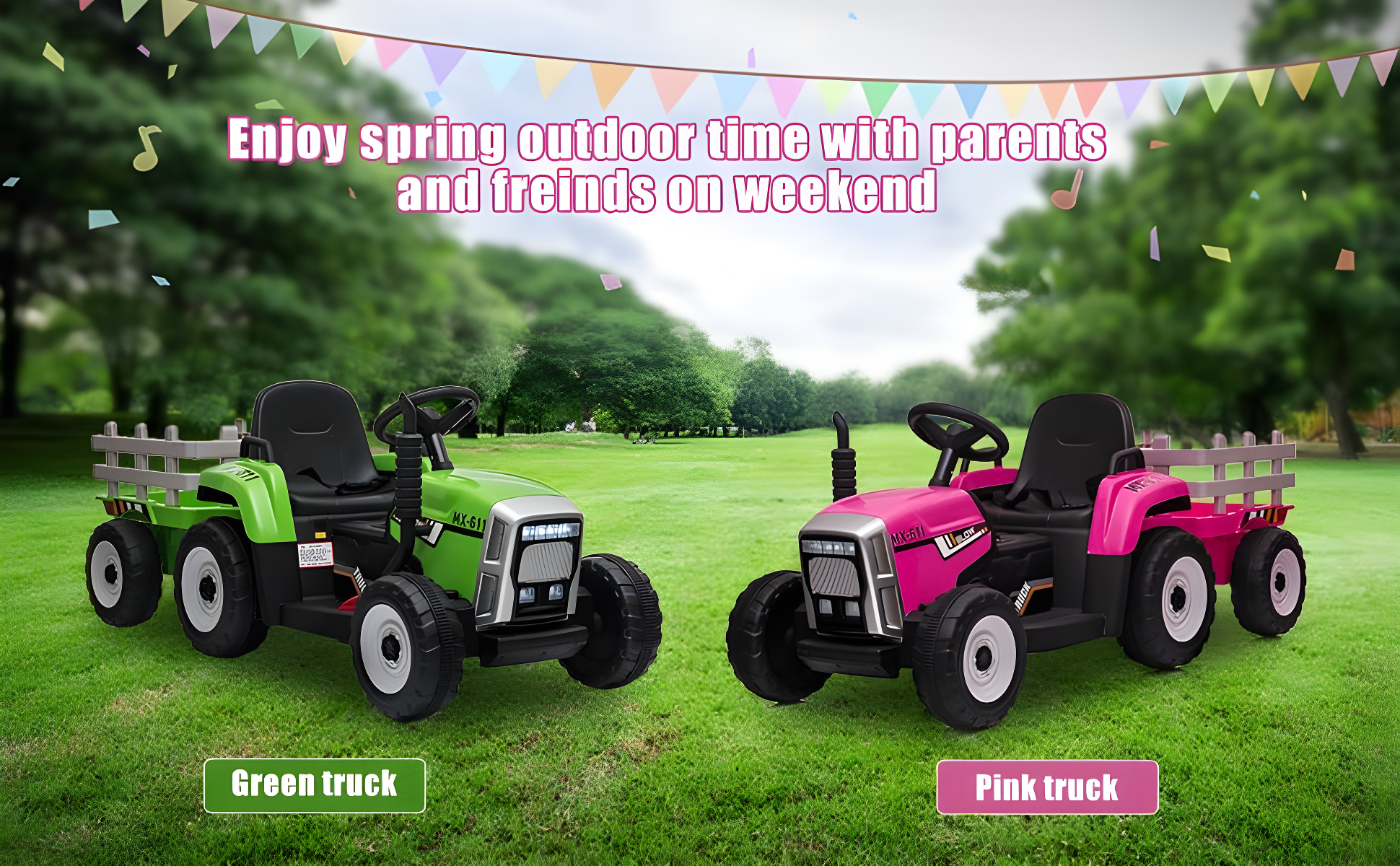 12V Kids Battery Powered Electric Tractor with Remote Control and Trailer Toddler Ride Car With 7LED Headlight and 2+1 Gear Shift Music USB Port Suitable for Children 3+