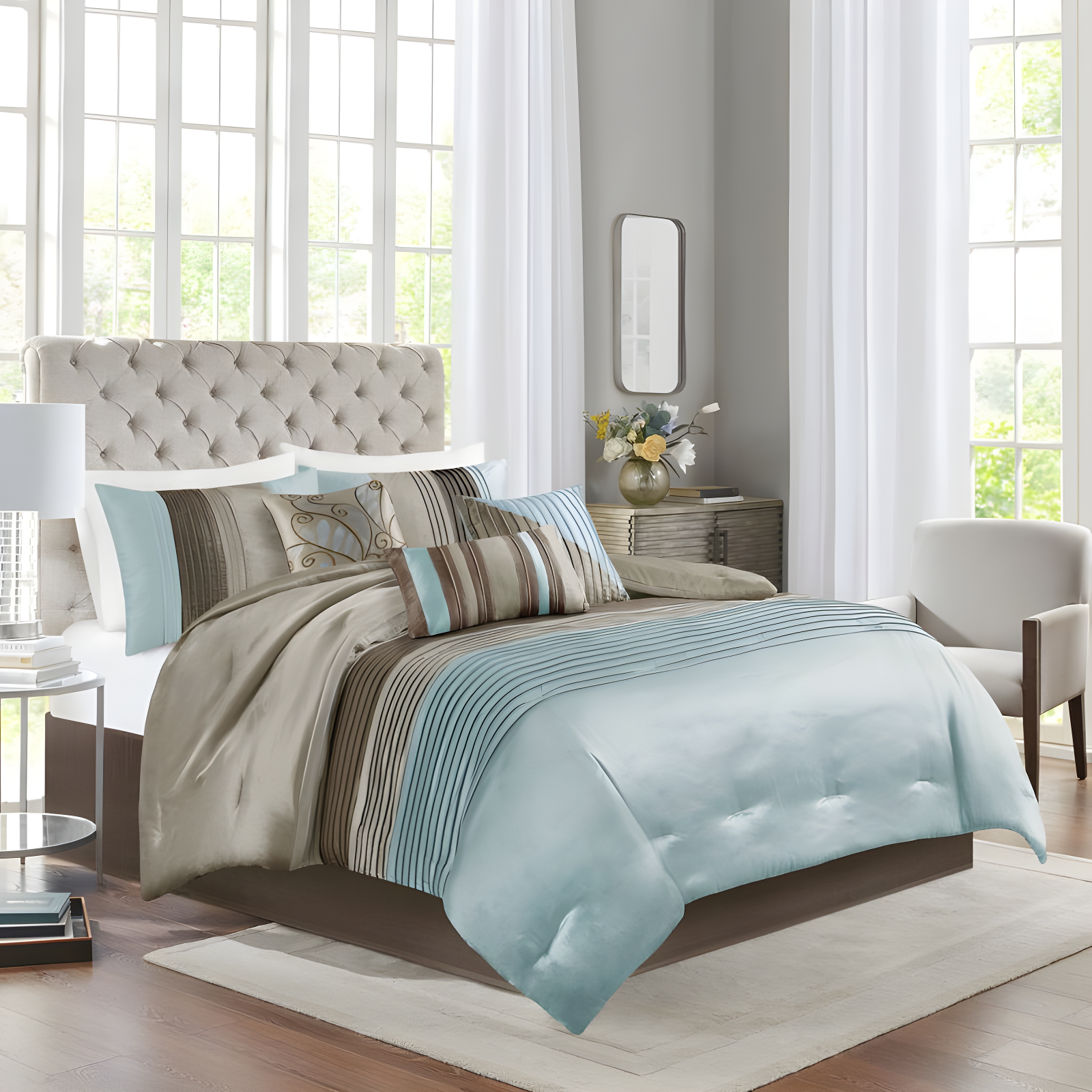Madison Park Amherst 7 Piece Striped and Pleated Comforter Set