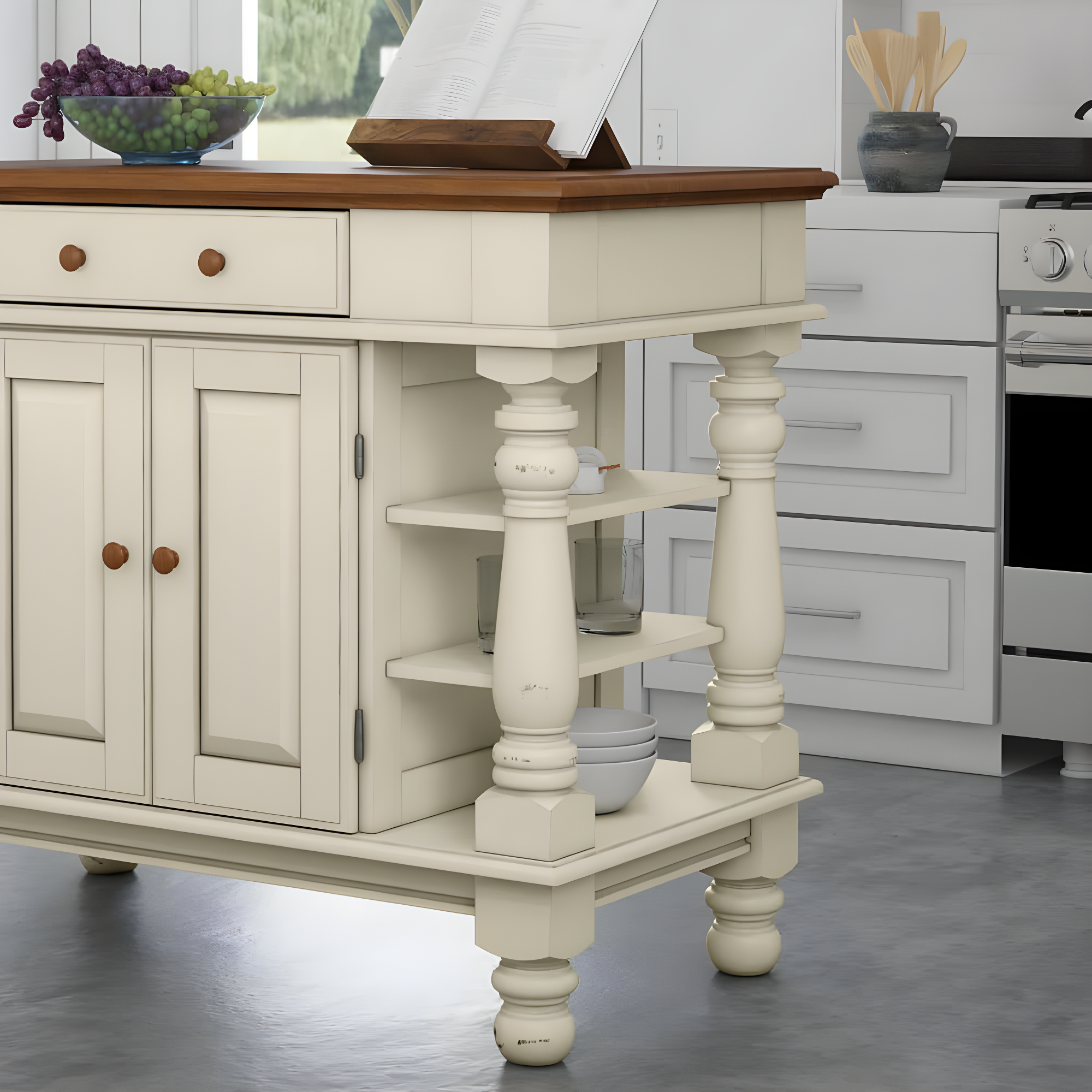 Homestyles Americana Off White Wood Kitchen Island with Storage and Open Shelves