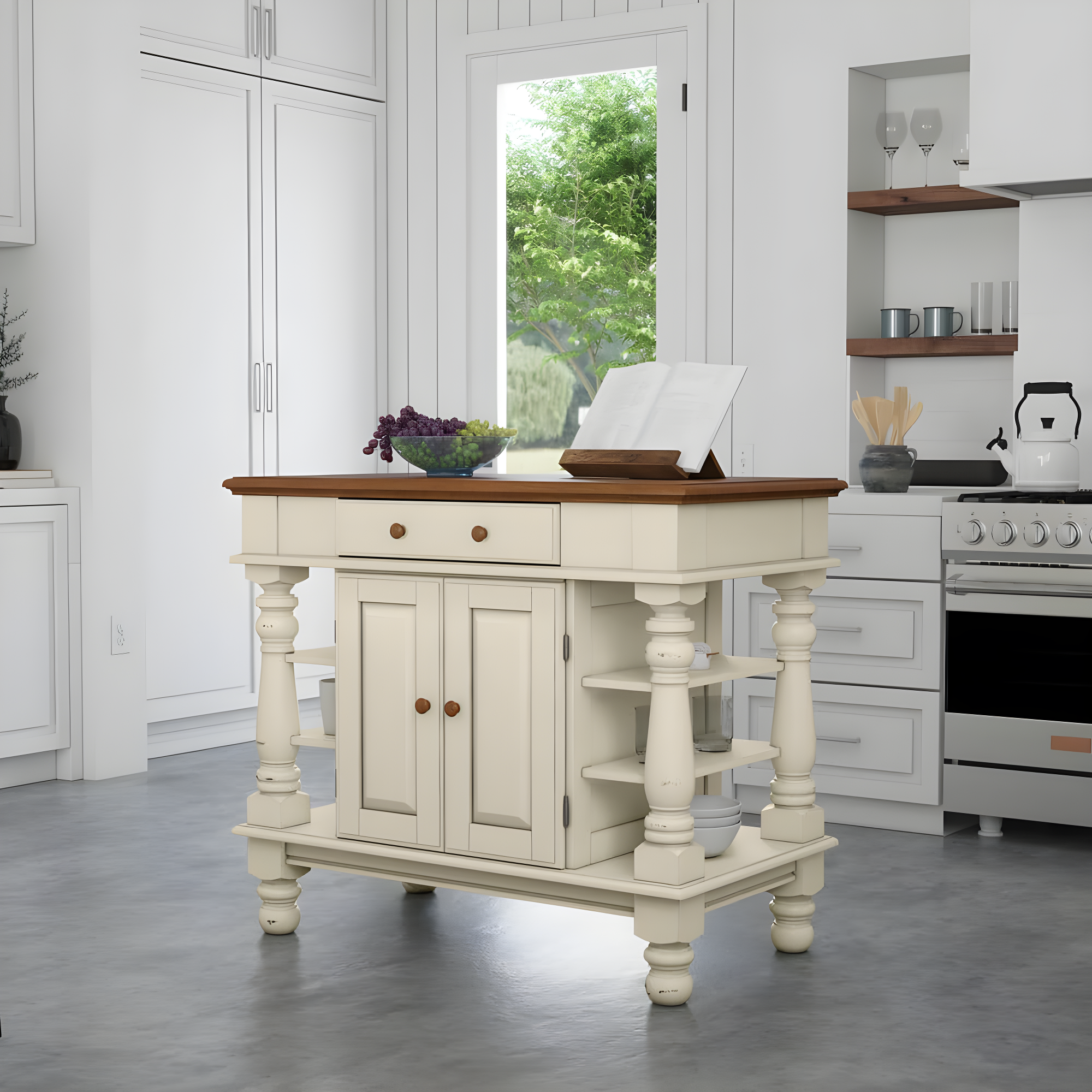 Homestyles Americana Off White Wood Kitchen Island with Storage and Open Shelves
