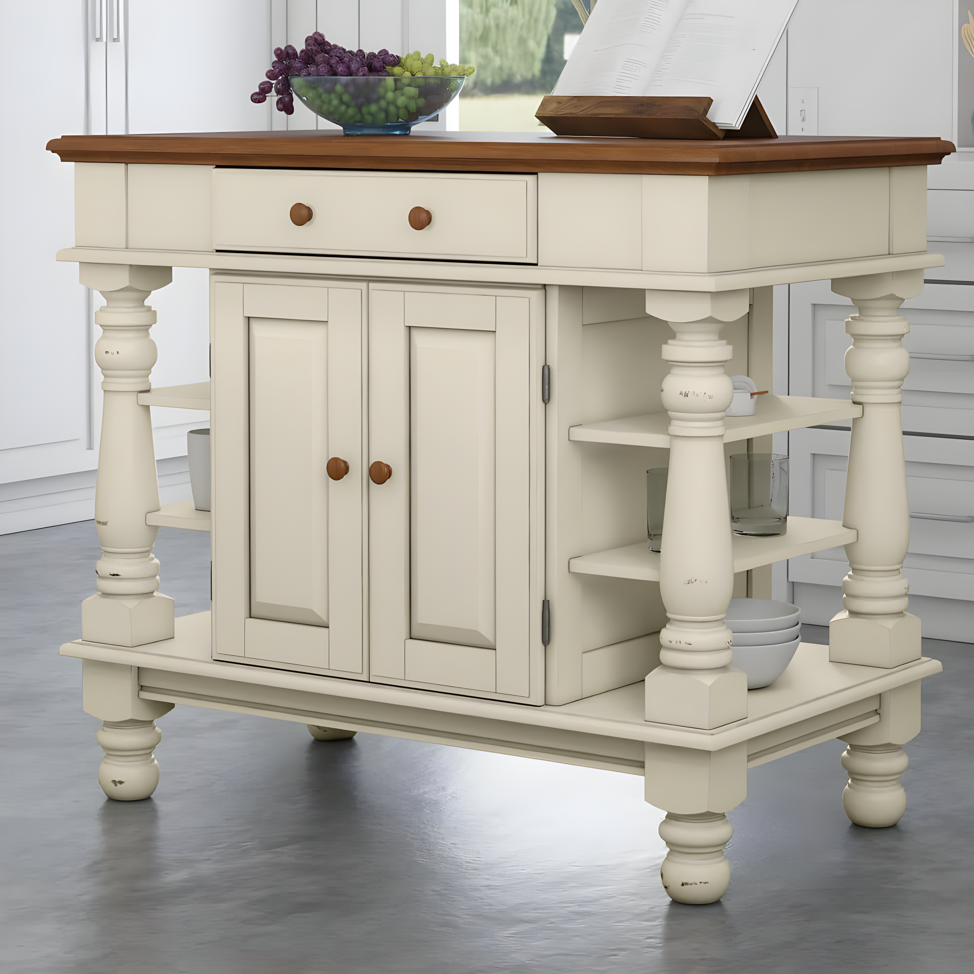 Homestyles Americana Off White Wood Kitchen Island with Storage and Open Shelves
