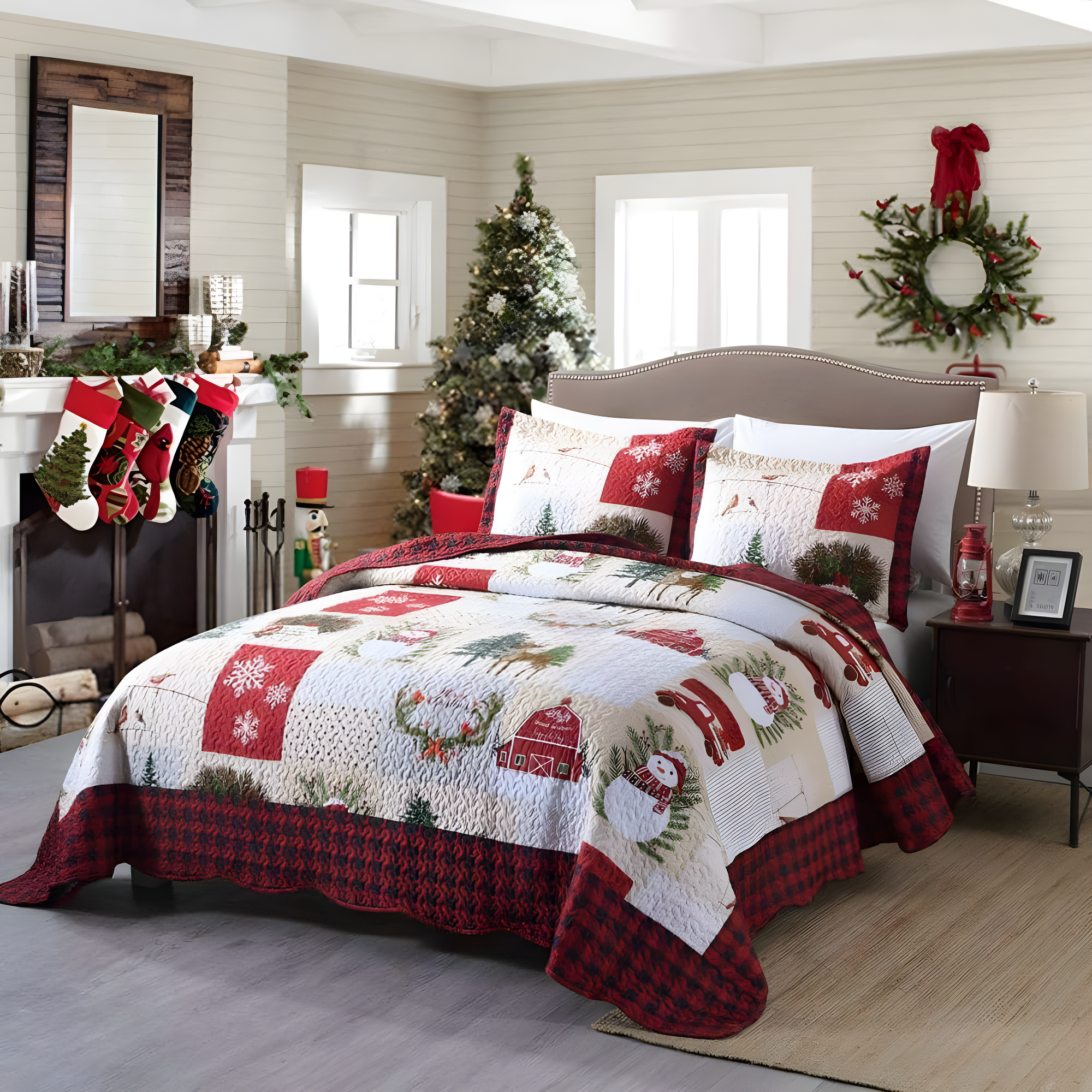 MarCielo  Christmas Patterned Red and Green 3-piece Quilt Set Queen