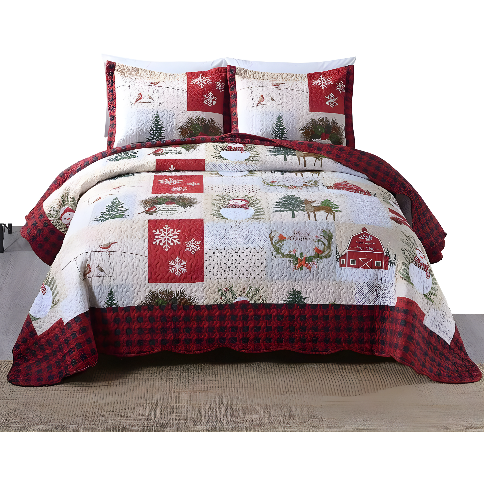 MarCielo  Christmas Patterned Red and Green 3-piece Quilt Set Queen