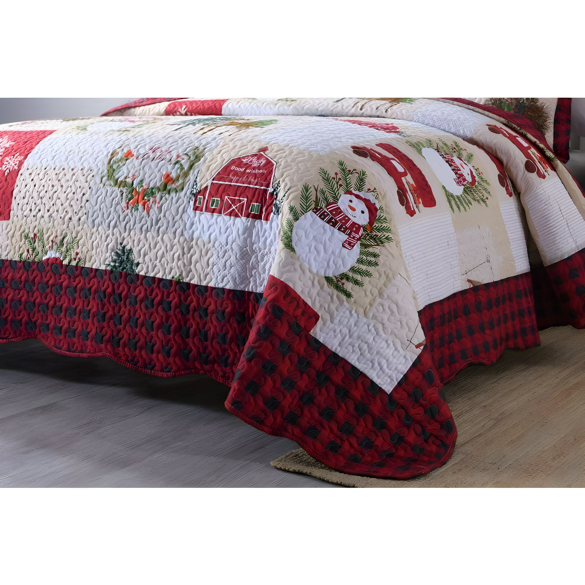 MarCielo  Christmas Patterned Red and Green 3-piece Quilt Set Queen