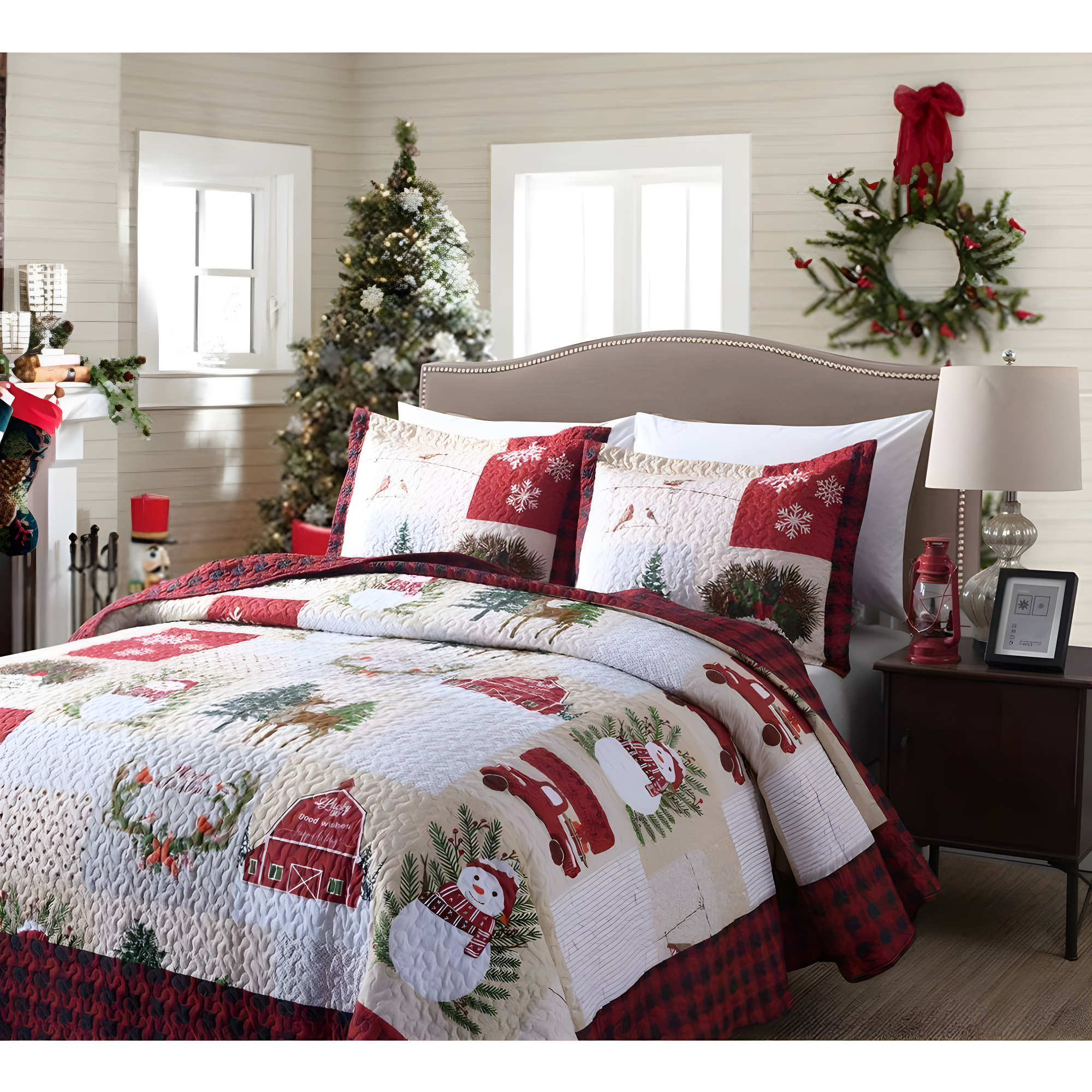 MarCielo  Christmas Patterned Red and Green 3-piece Quilt Set Queen