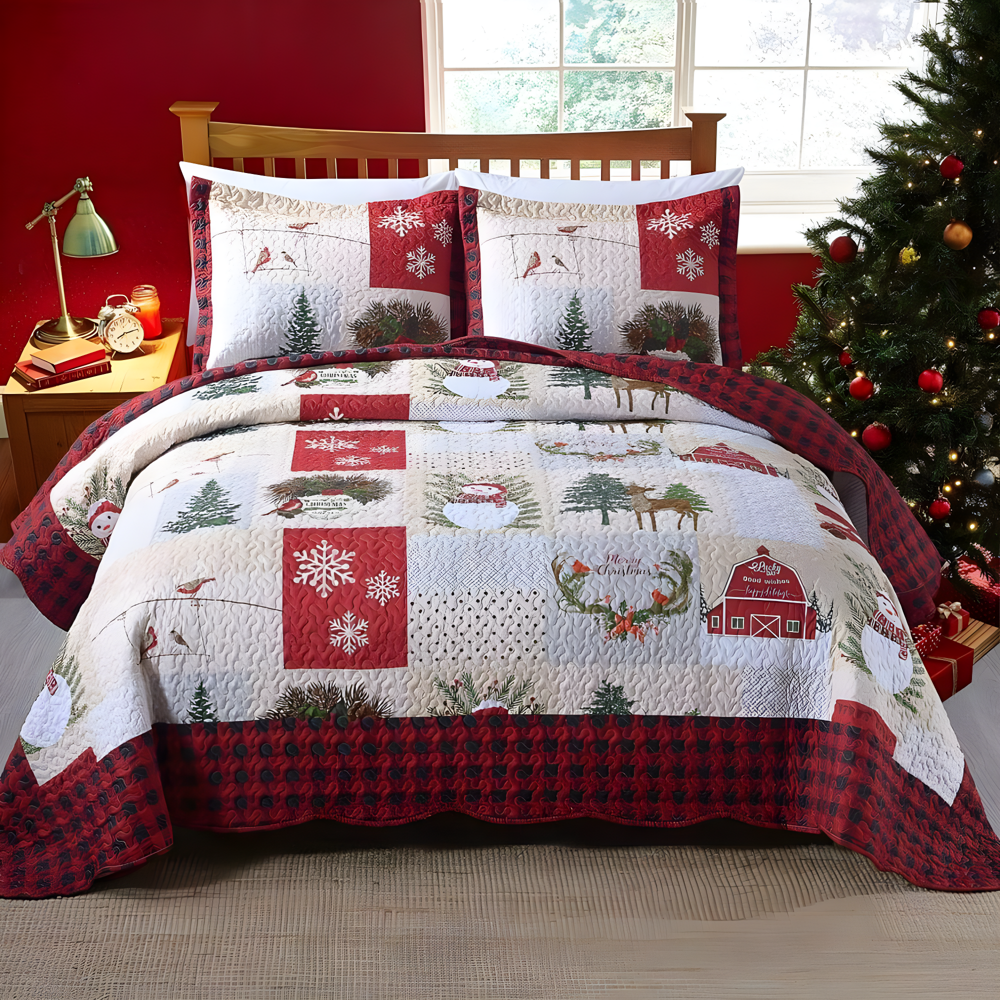 MarCielo  Christmas Patterned Red and Green 3-piece Quilt Set Queen
