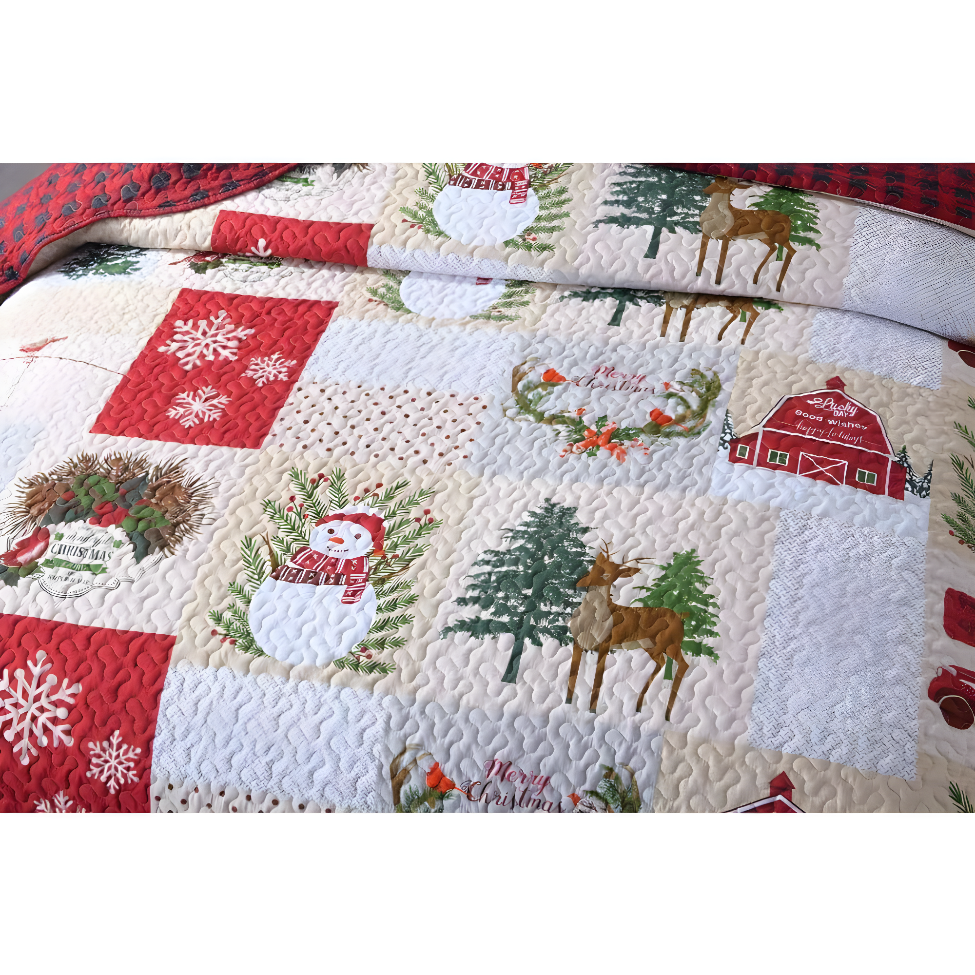MarCielo  Christmas Patterned Red and Green 3-piece Quilt Set Queen