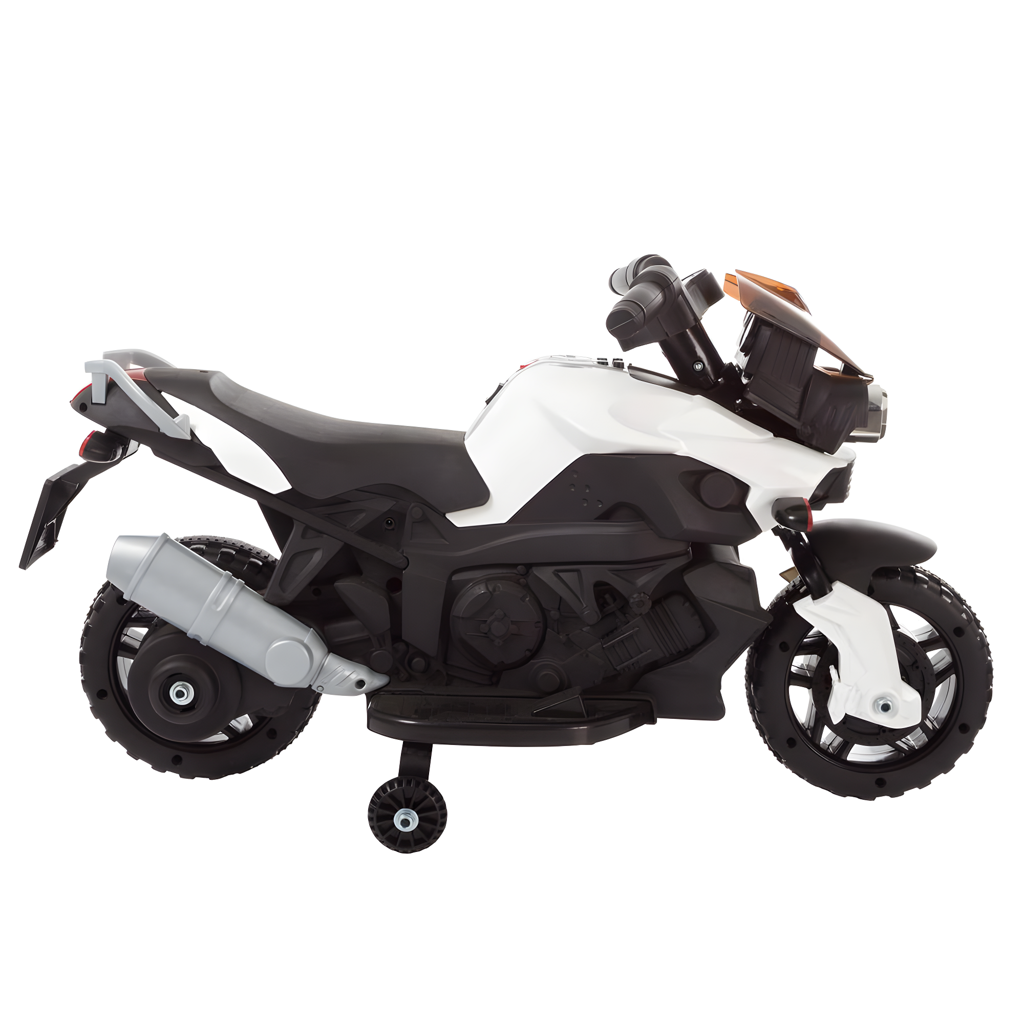 Toy Time Kids Motorcycle - Electric Ride-On with Training Wheels and Reverse Function - White and Black