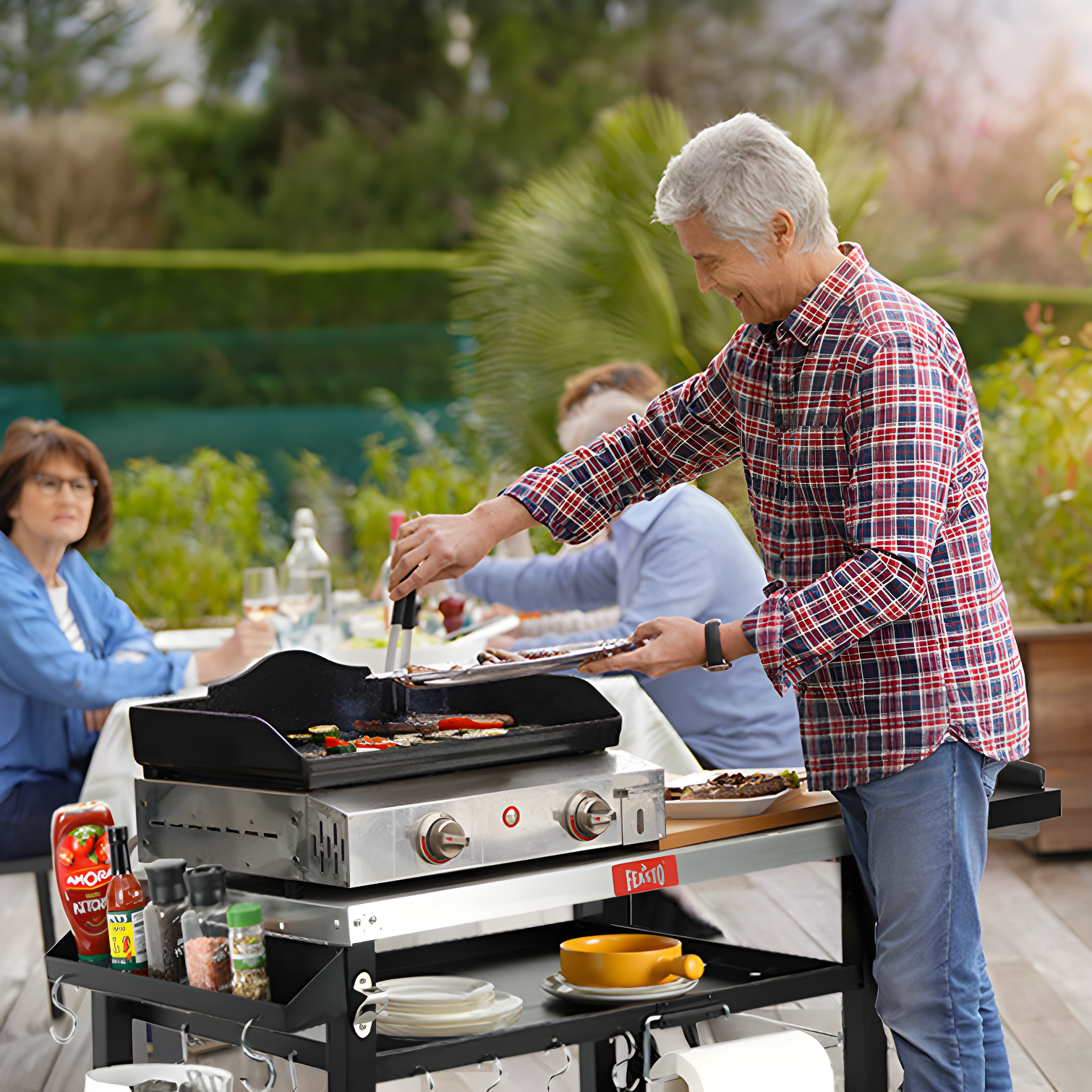 Feasto 50 in. Three-Shelf Stainless Outdoor Movable Food Prep Grill Cart Table with Fordable Side Table