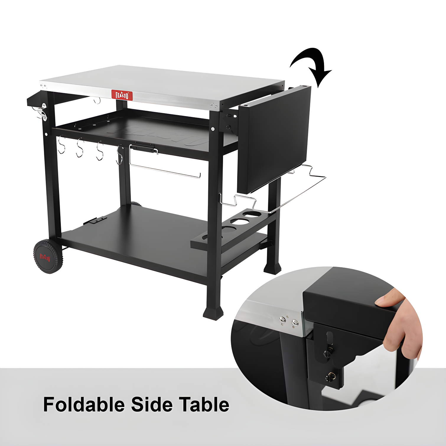 Feasto 50 in. Three-Shelf Stainless Outdoor Movable Food Prep Grill Cart Table with Fordable Side Table