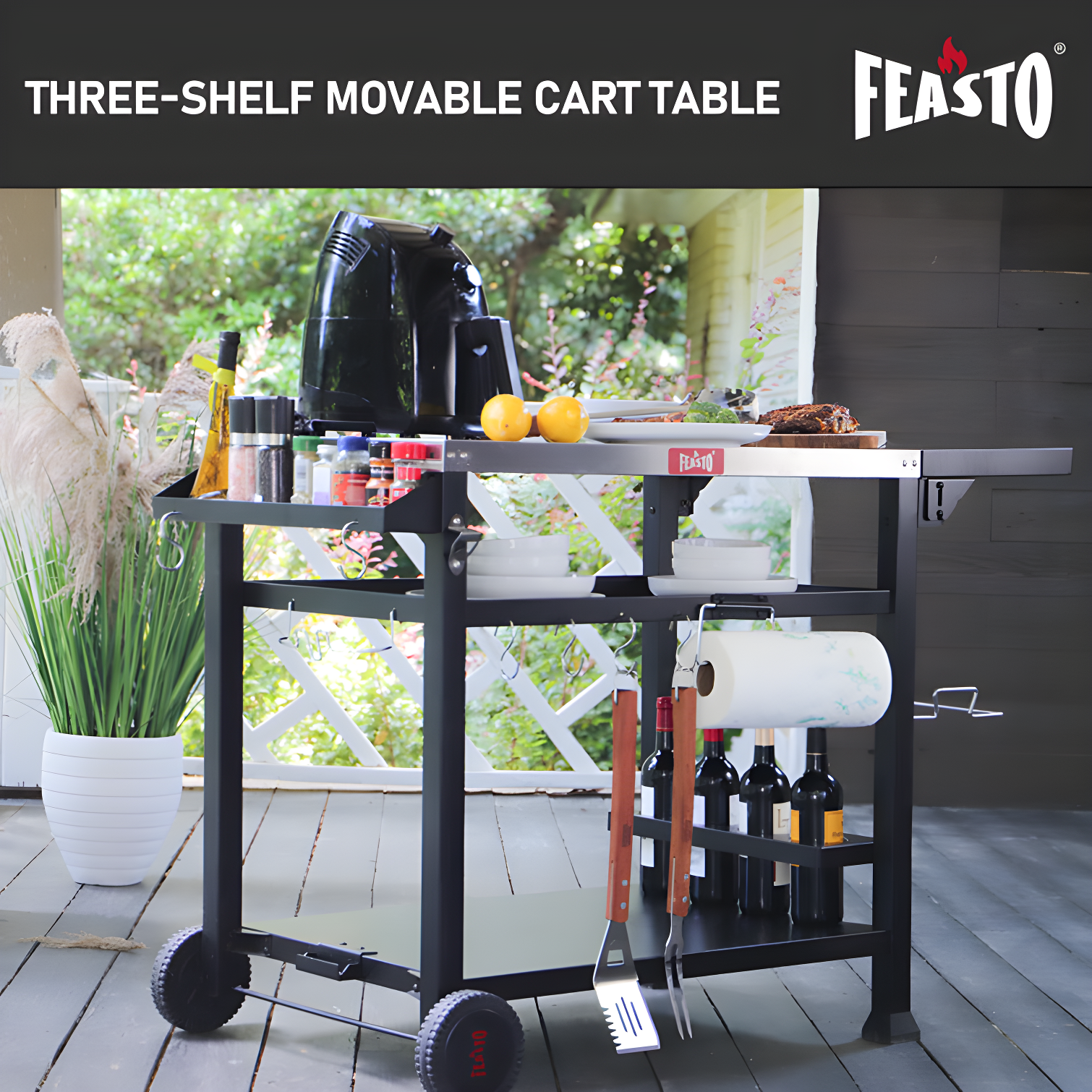 Feasto 50 in. Three-Shelf Stainless Outdoor Movable Food Prep Grill Cart Table with Fordable Side Table