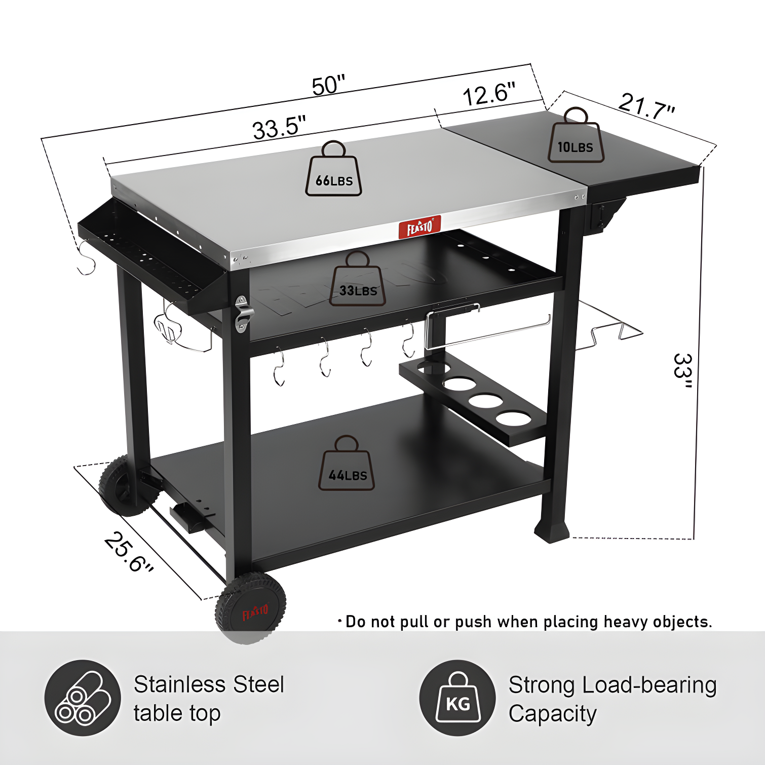 Feasto 50 in. Three-Shelf Stainless Outdoor Movable Food Prep Grill Cart Table with Fordable Side Table