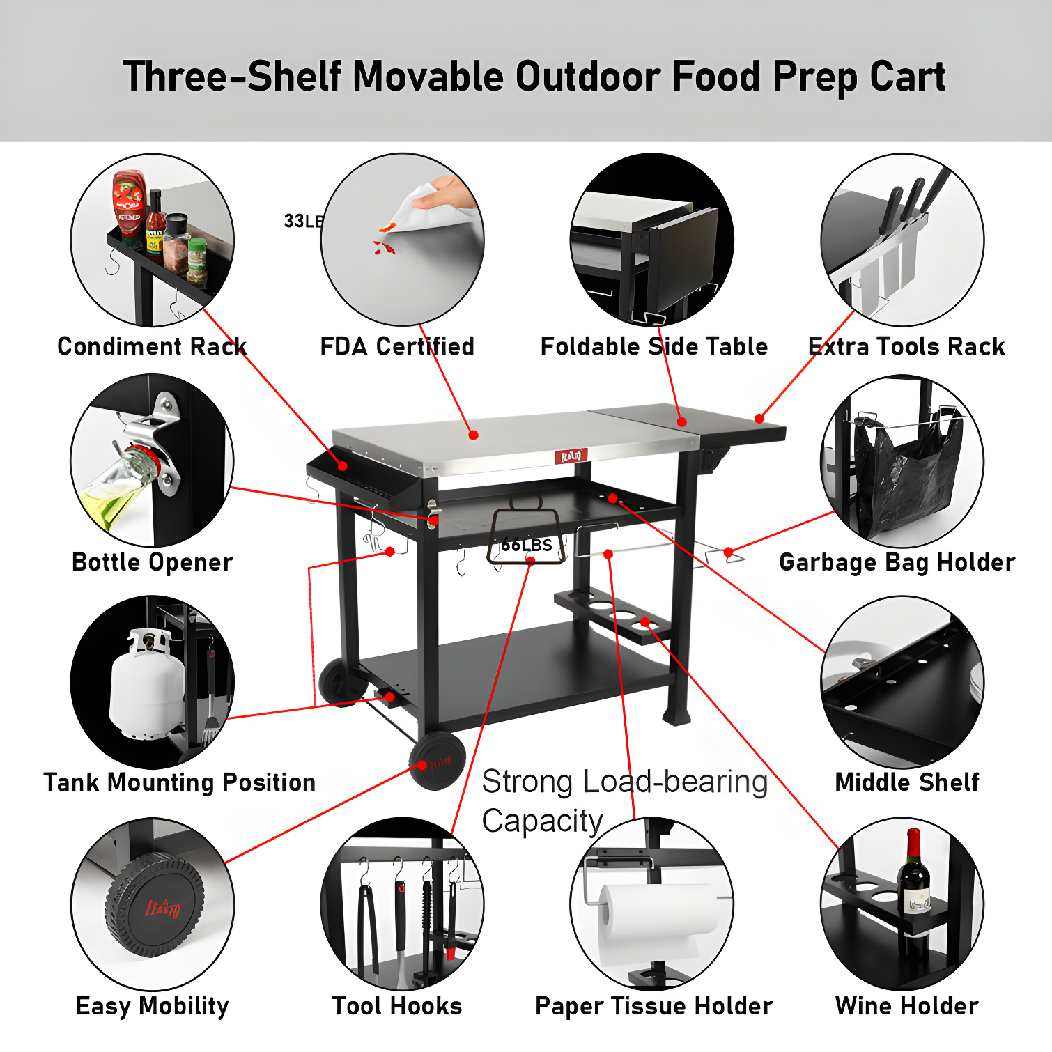 Feasto 50 in. Three-Shelf Stainless Outdoor Movable Food Prep Grill Cart Table with Fordable Side Table