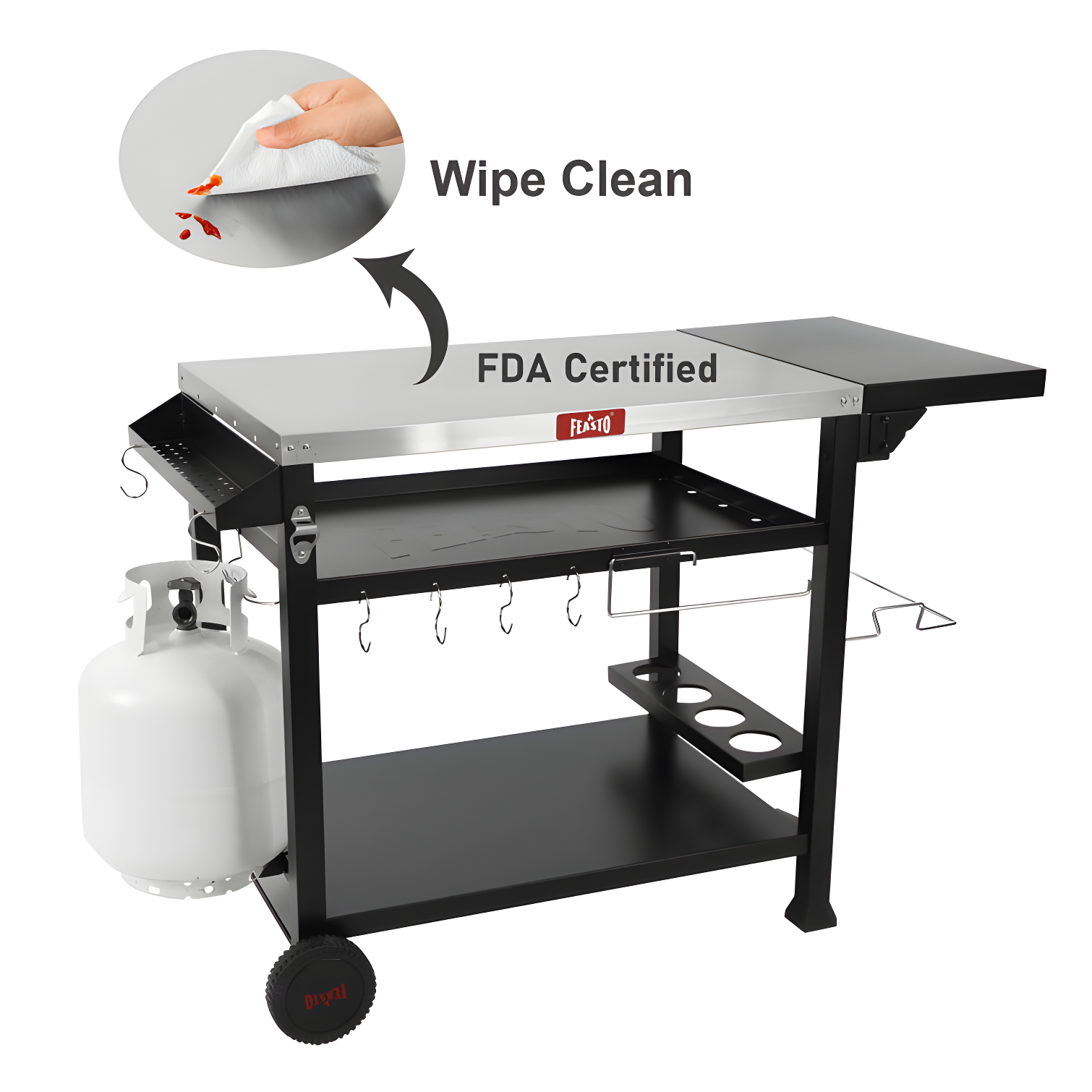 Feasto 50 in. Three-Shelf Stainless Outdoor Movable Food Prep Grill Cart Table with Fordable Side Table