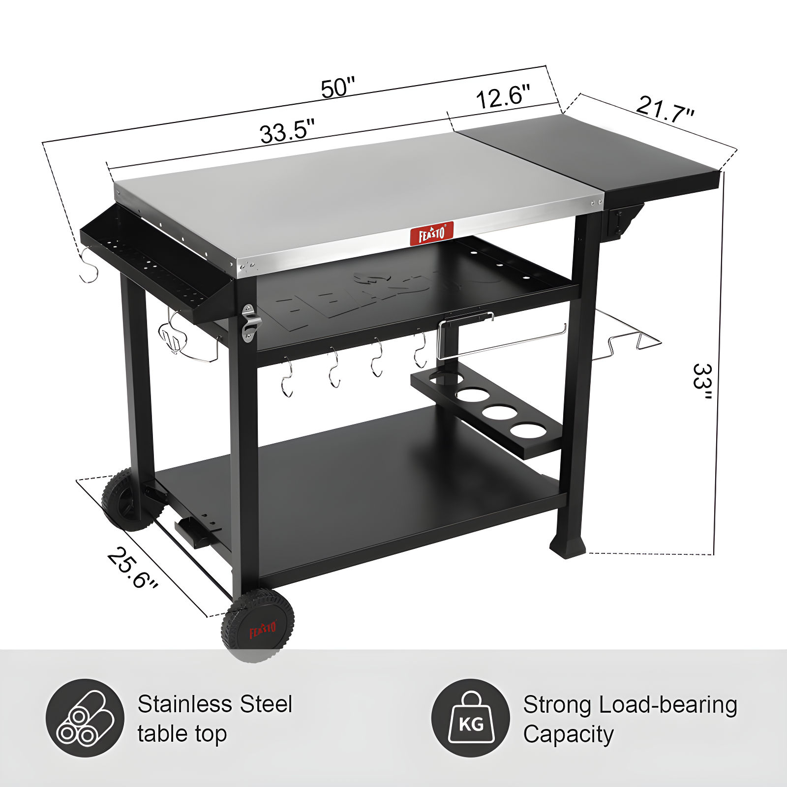 Feasto 50 in. Three-Shelf Stainless Outdoor Movable Food Prep Grill Cart Table with Fordable Side Table