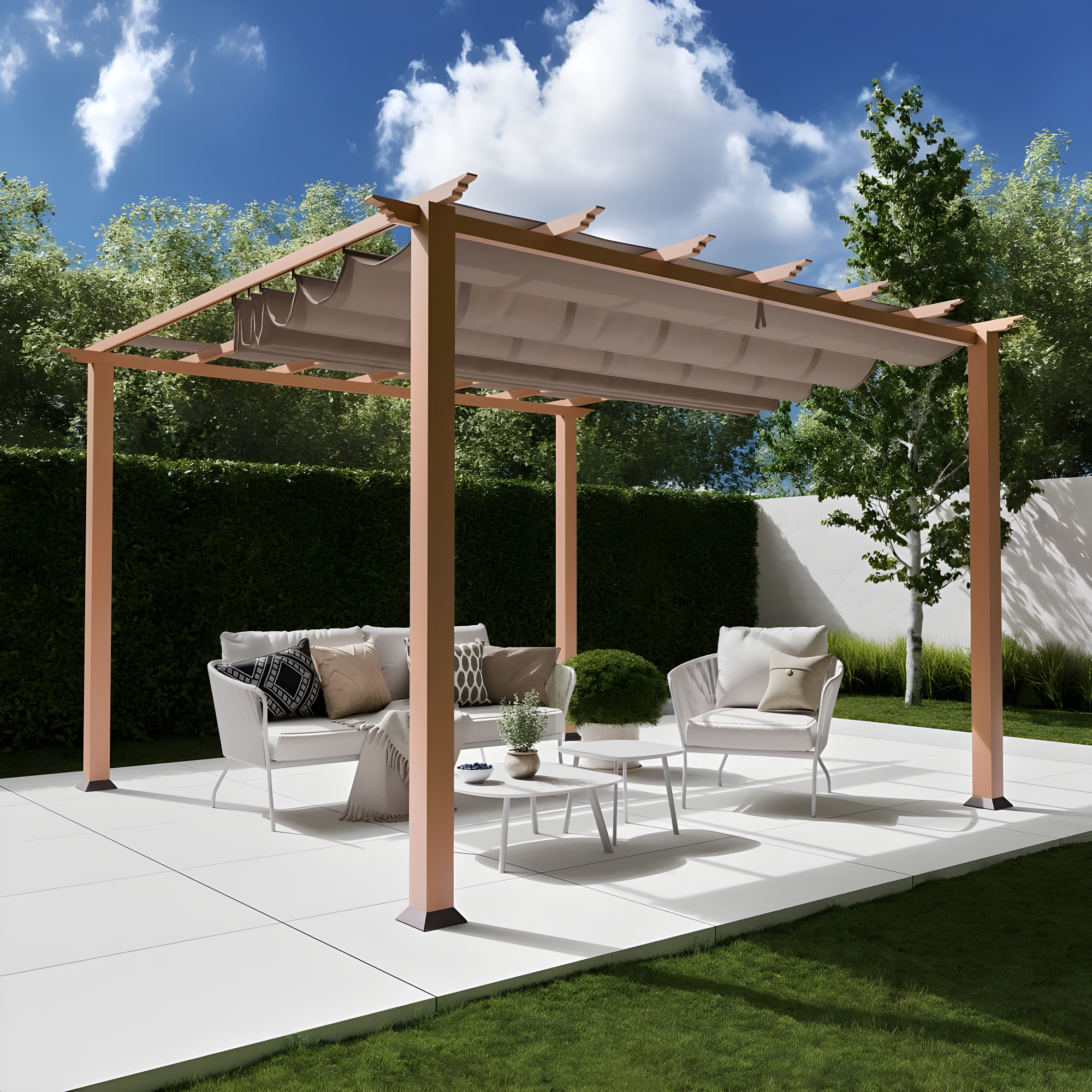 Florence 11 ft. W x 11 ft. D Wood Grain Aluminum Pergola in Canadian Cedar with Convertible Canopy