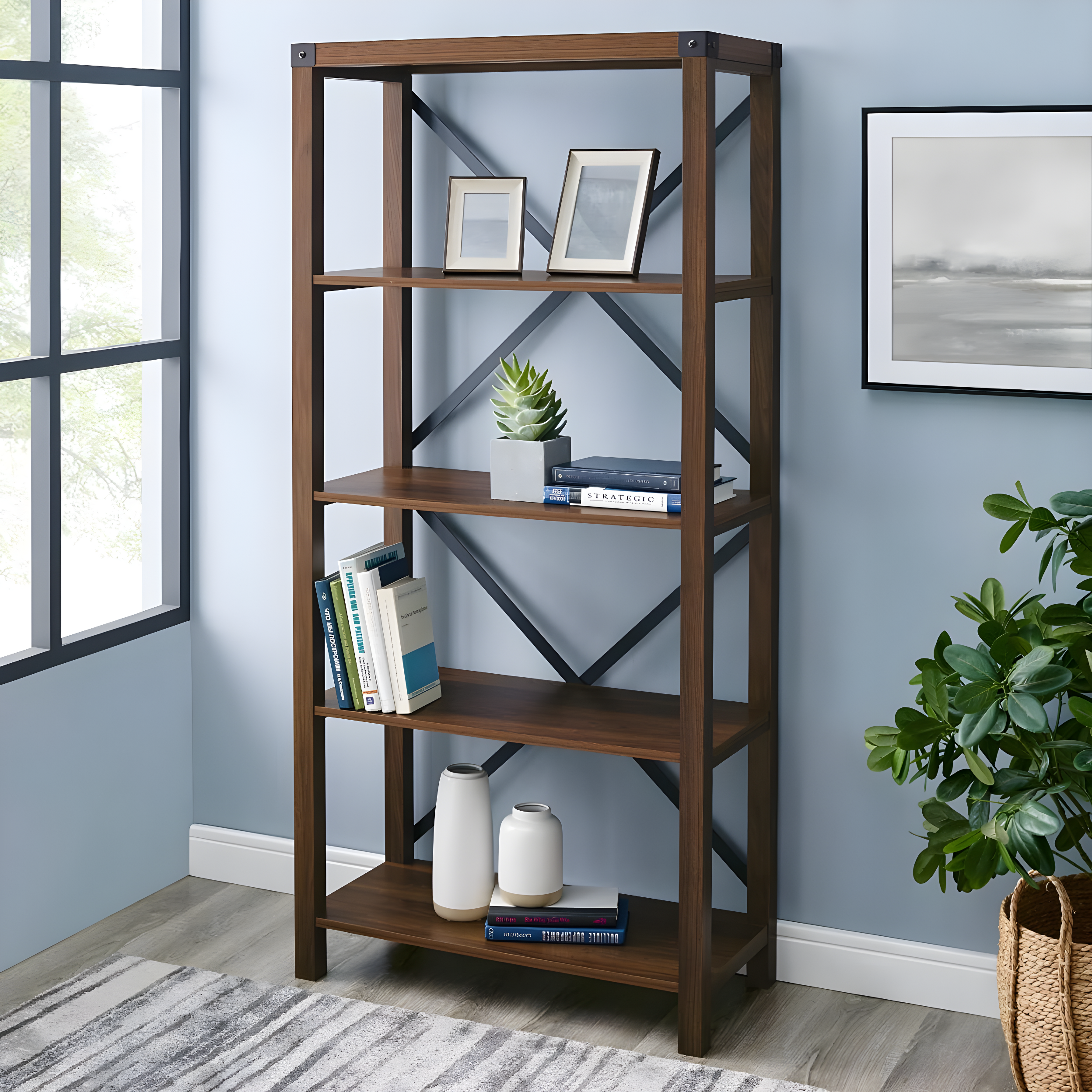 Rustic Industrial Dark Walnut 64" Wall Mount Bookshelf with Metal Accents