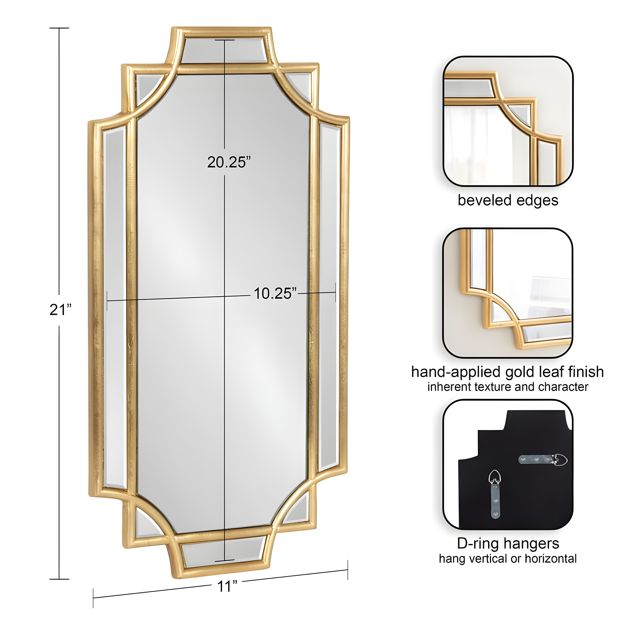 Kate & Laurel All Things Decor 11"x21" Minuette Decorative Framed Wall Mirror Gold: Luxury Glam Style, Rectangle Shape