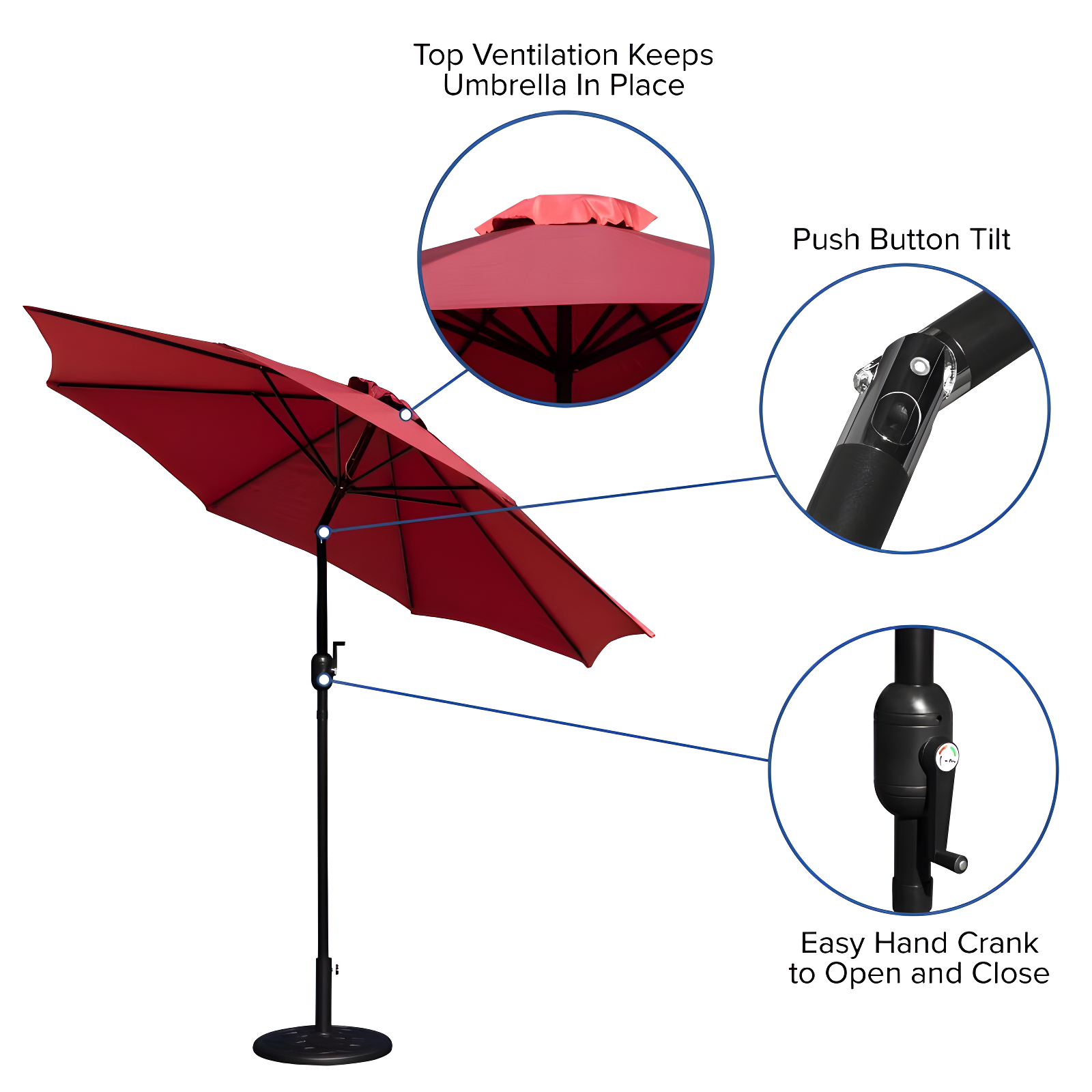 Flash Furniture Kona Red 9 FT Round Umbrella with Crank and Tilt Function and Standing Umbrella Base