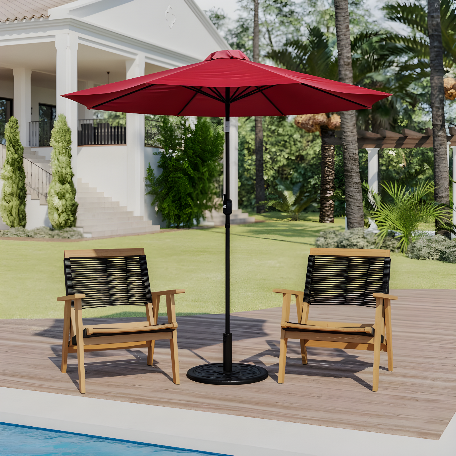 Flash Furniture Kona Red 9 FT Round Umbrella with Crank and Tilt Function and Standing Umbrella Base