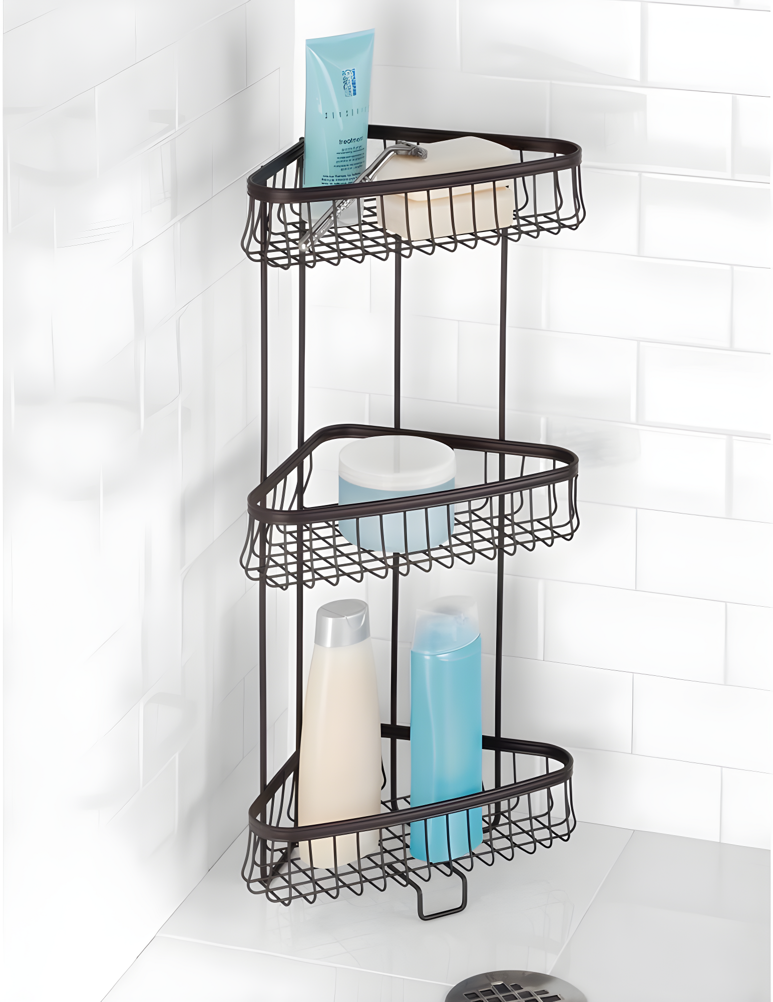 InterDesign iDesign York Metal Wire Corner Standing Shower Caddy 3-Tier Bath Shelf Baskets for Towels, Soap, Shampoo, Lotion, Accessories, Bronze