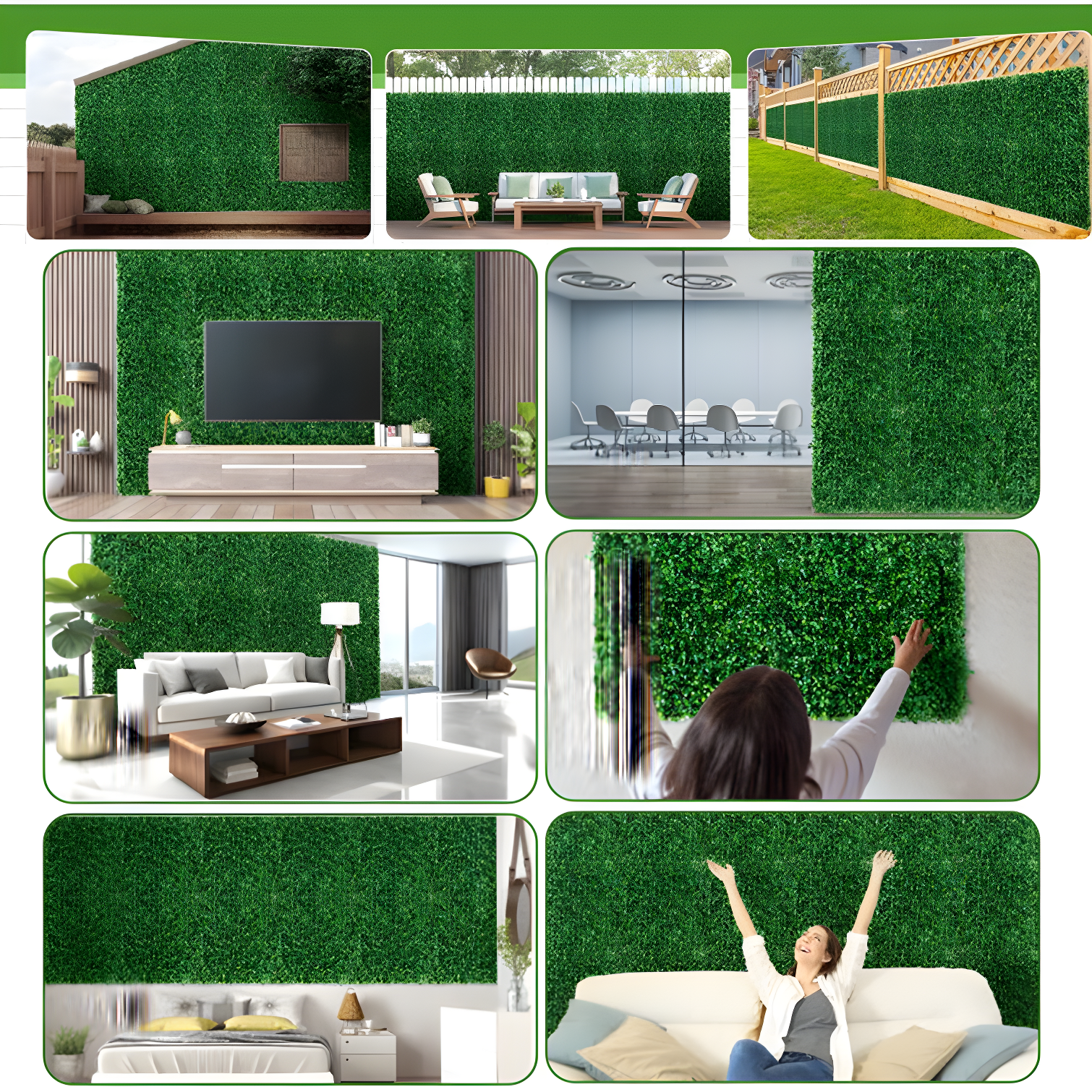 Artificial Boxwood Plant Hedge, Green Grass Backdrop, Indoor and Outdoor Use (Set of 12)