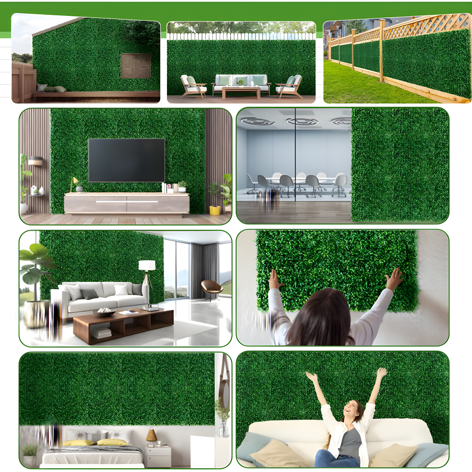 Artificial Boxwood Plant Hedge, Green Grass Backdrop, Indoor and Outdoor Use (Set of 12)