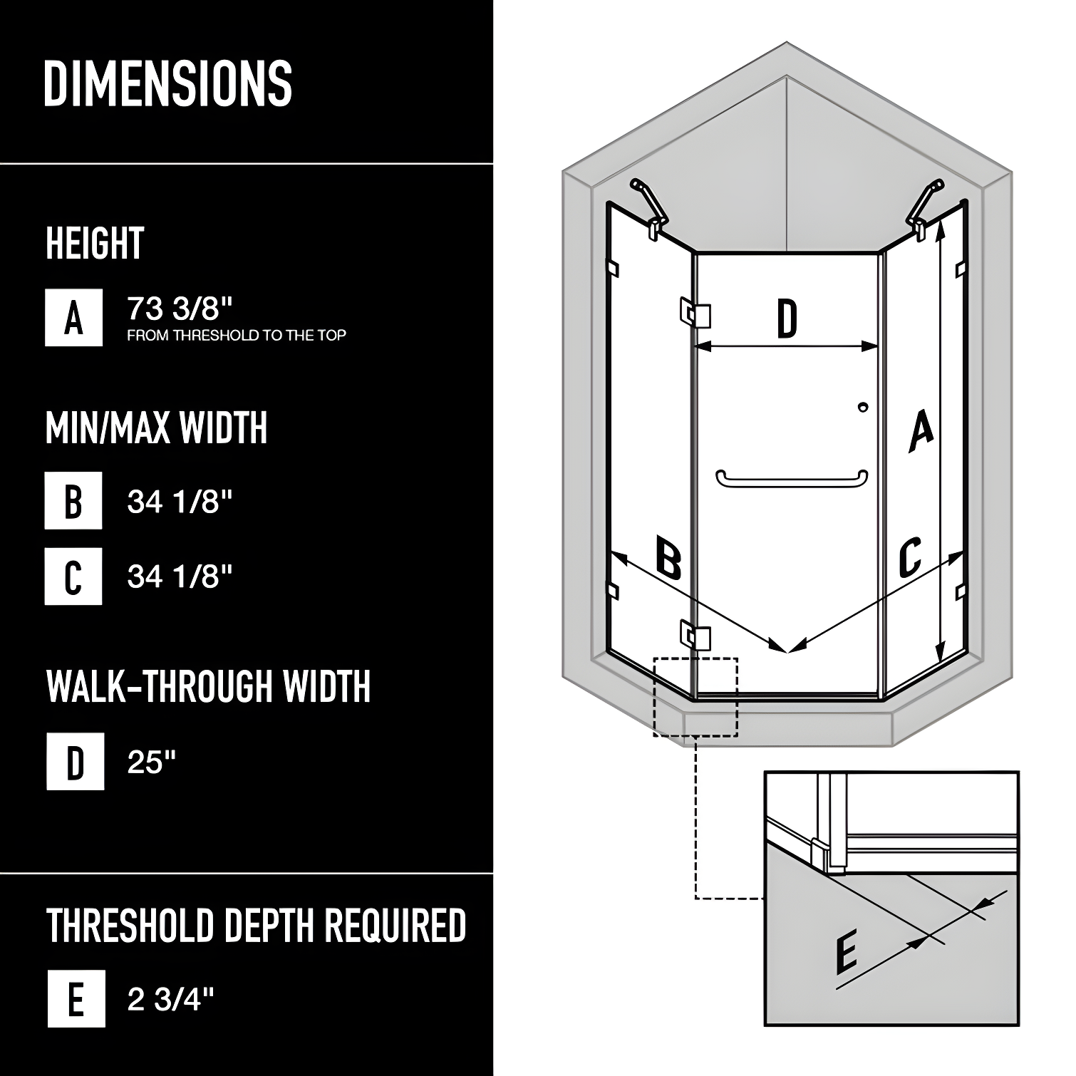 Piedmont 34" W x 34" D x 73" H Hinged Frameless Shower Enclosure with 3/8Clear Glass