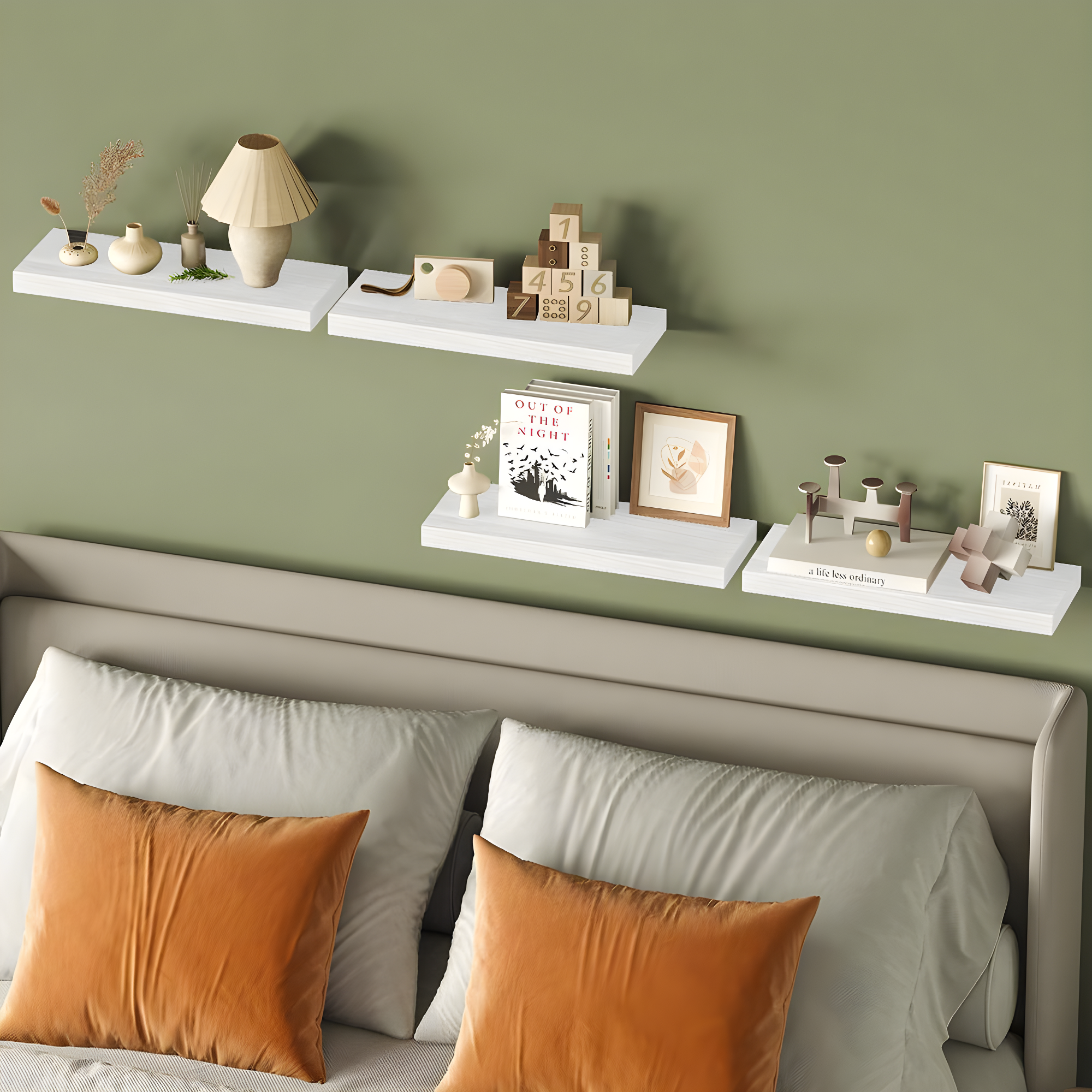 Fairy 15.8in Floating Shelves, Wall Shelves Set of 4, Shelves for Wall Decor, with Invisible Brackets, 15.8x1.2x5.5inches, White