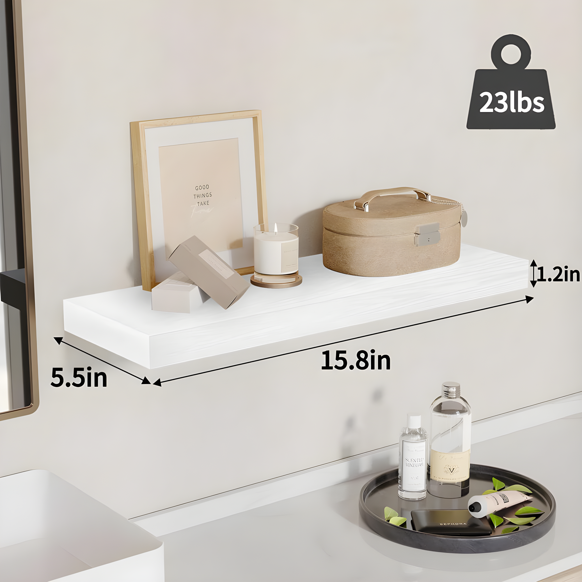 Fairy 15.8in Floating Shelves, Wall Shelves Set of 4, Shelves for Wall Decor, with Invisible Brackets, 15.8x1.2x5.5inches, White