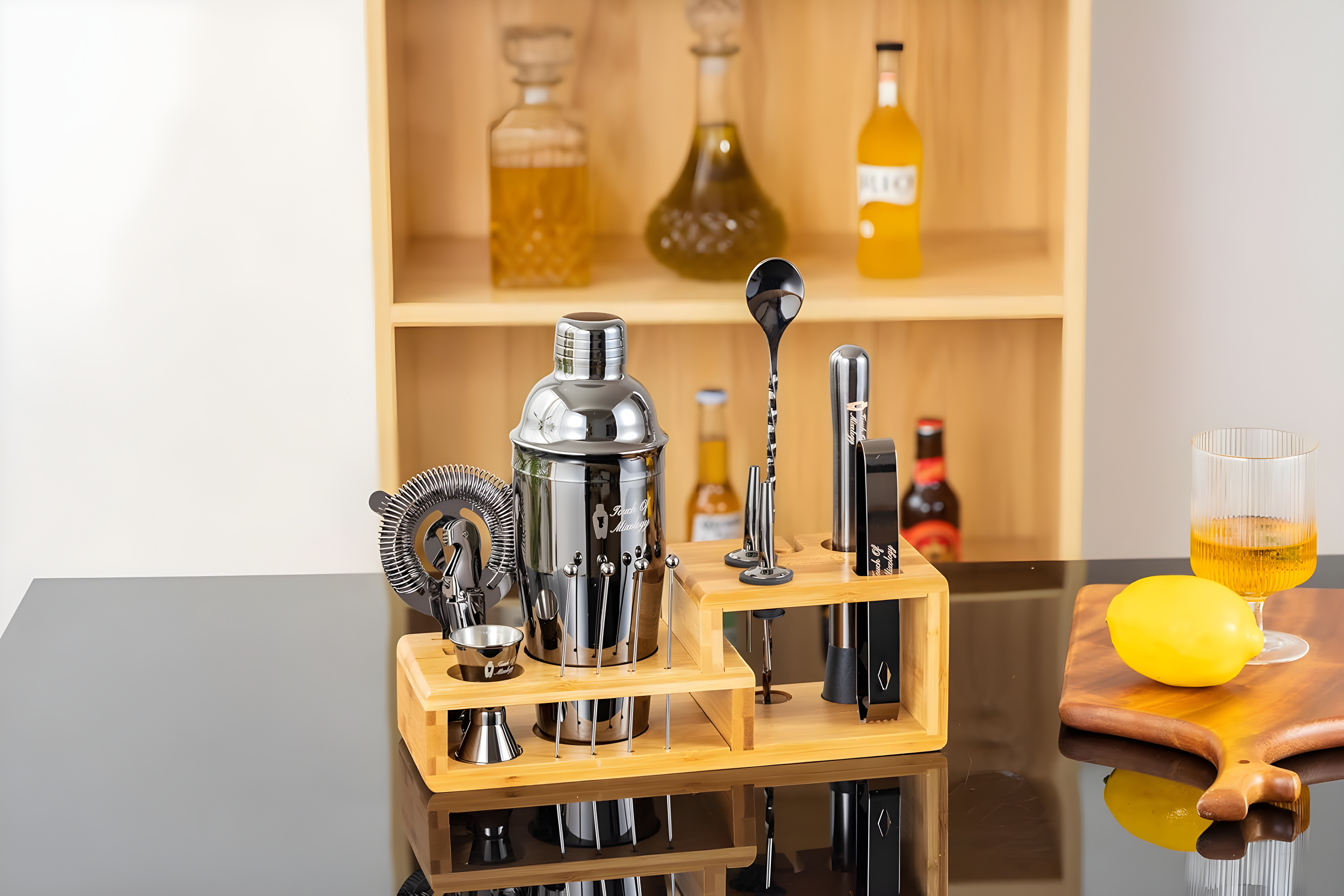 Touch of Mixology Premium 14 Piece Stainless Steel Bartender Kit with Bamboo Stand (Dark Metallic)